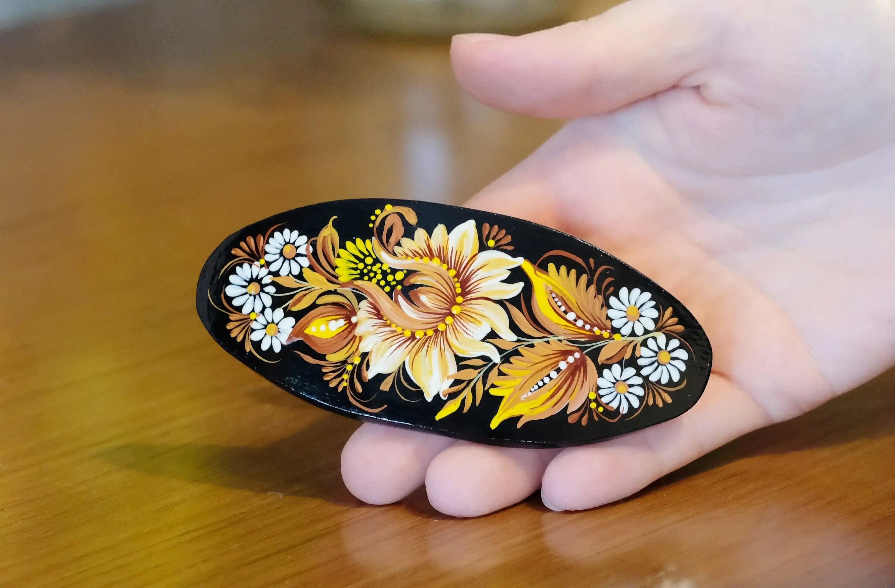 Painted Wooden Beige Flower Hair Barrette - Handmade Artisanal Petrykivka Art French Hair Clip