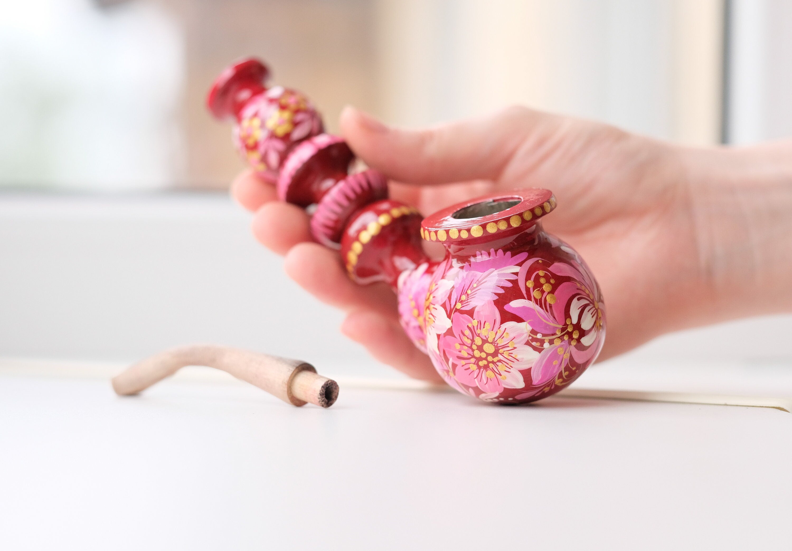 Painted Wooden Smoking Pipe with Ukrainian Folk Art Petrykivka - Pink Flower Tobacco Pipe