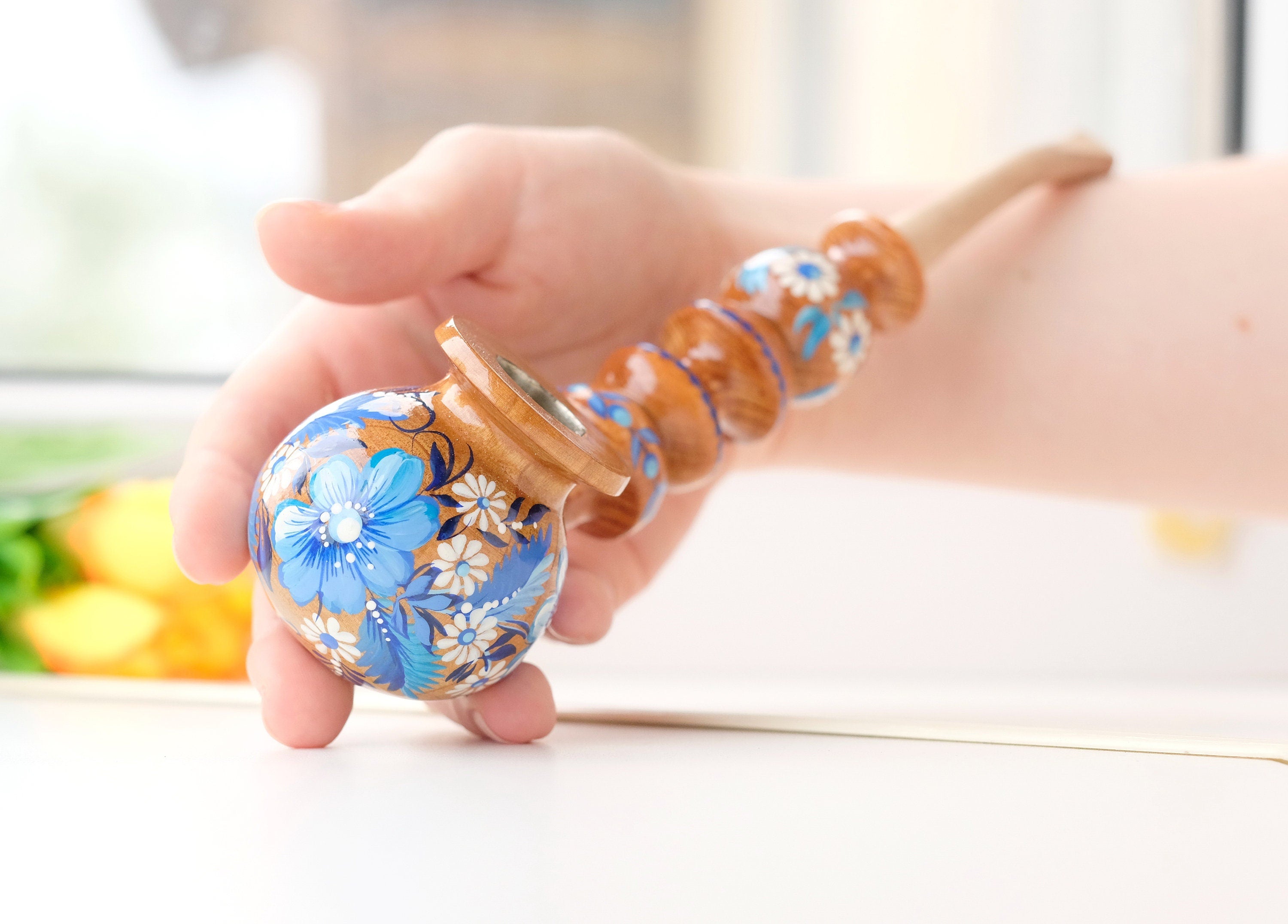 Painted Wooden Smoking Pipe with Ukrainian Folk Art Petrykivka - Blue Flower Tobacco Pipe