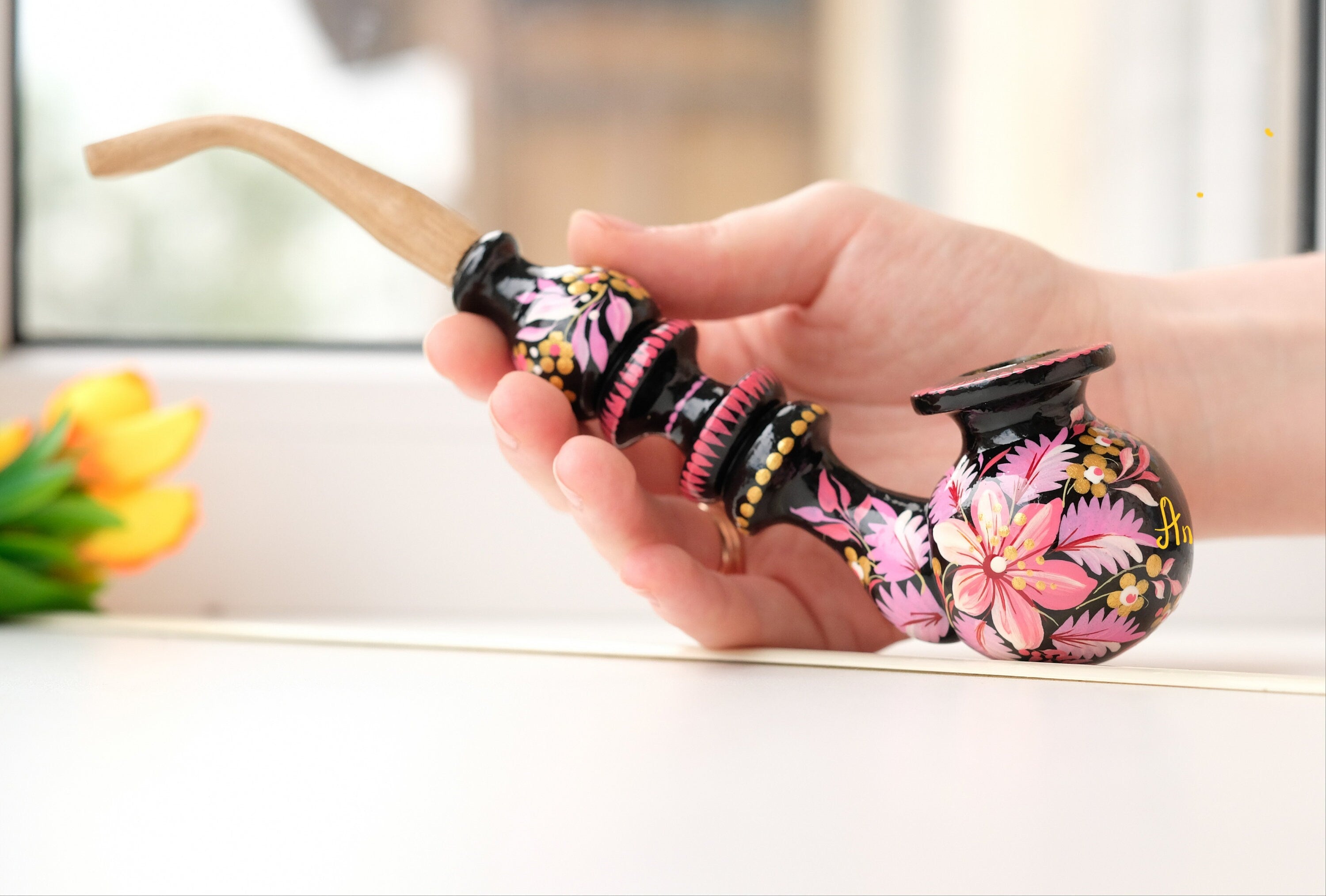 Personalized Painted Smoking Pipe with Ukrainian Folk Art Petrykivka - Wooden Pink Flower Tobacco Pipe
