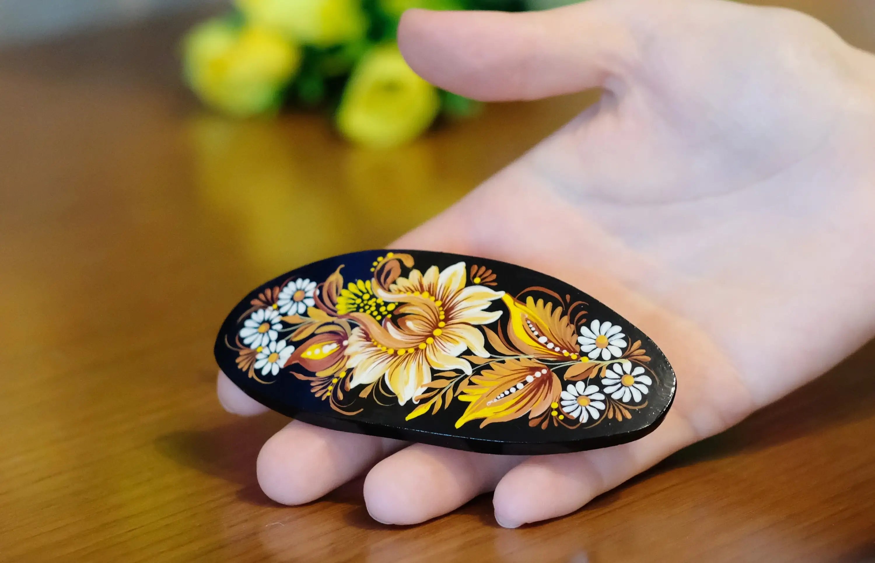 Painted Wooden Beige Flower Hair Barrette - Handmade Artisanal Petrykivka Art French Hair Clip