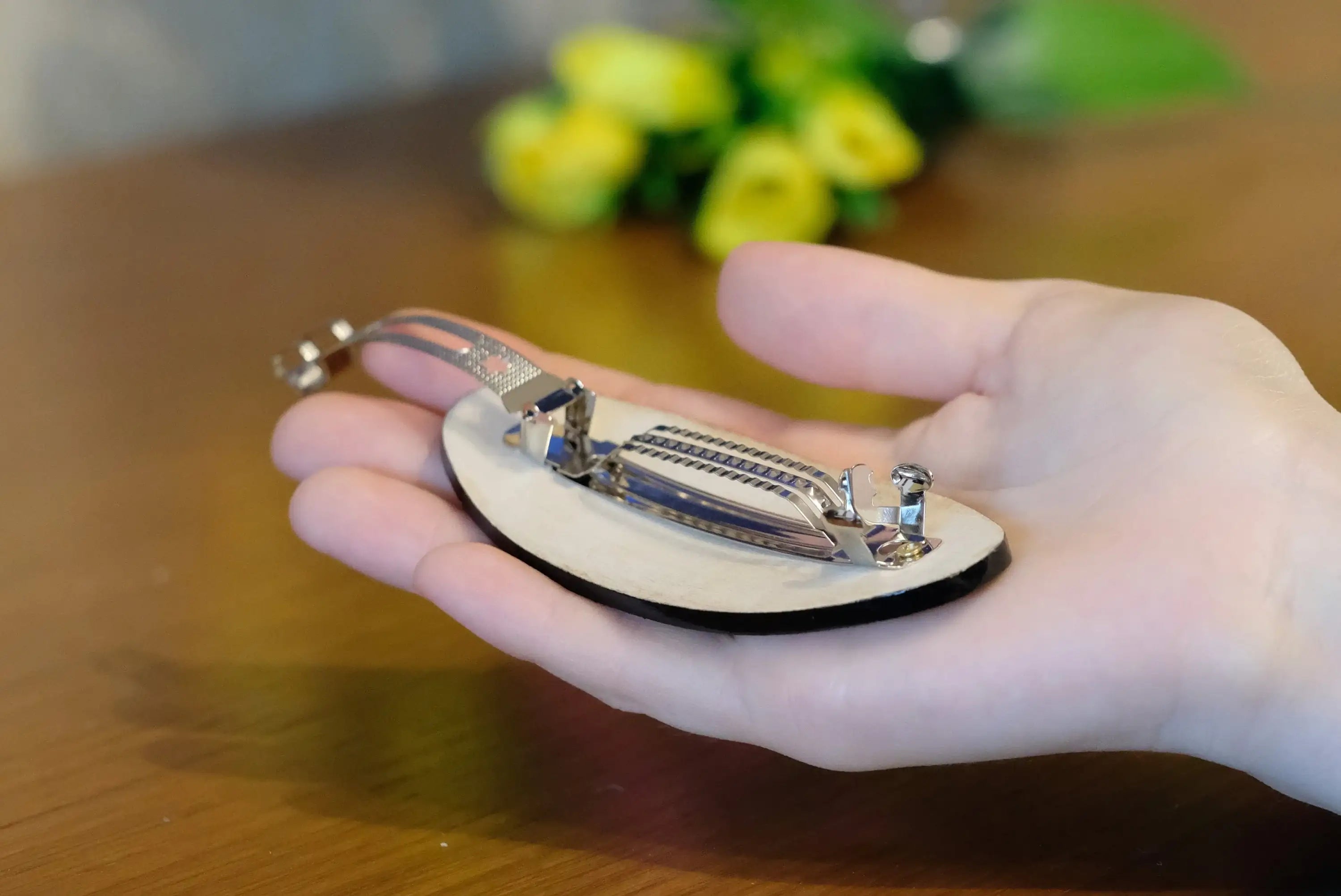 Painted Wooden Beige Flower Hair Barrette - Handmade Artisanal Petrykivka Art French Hair Clip