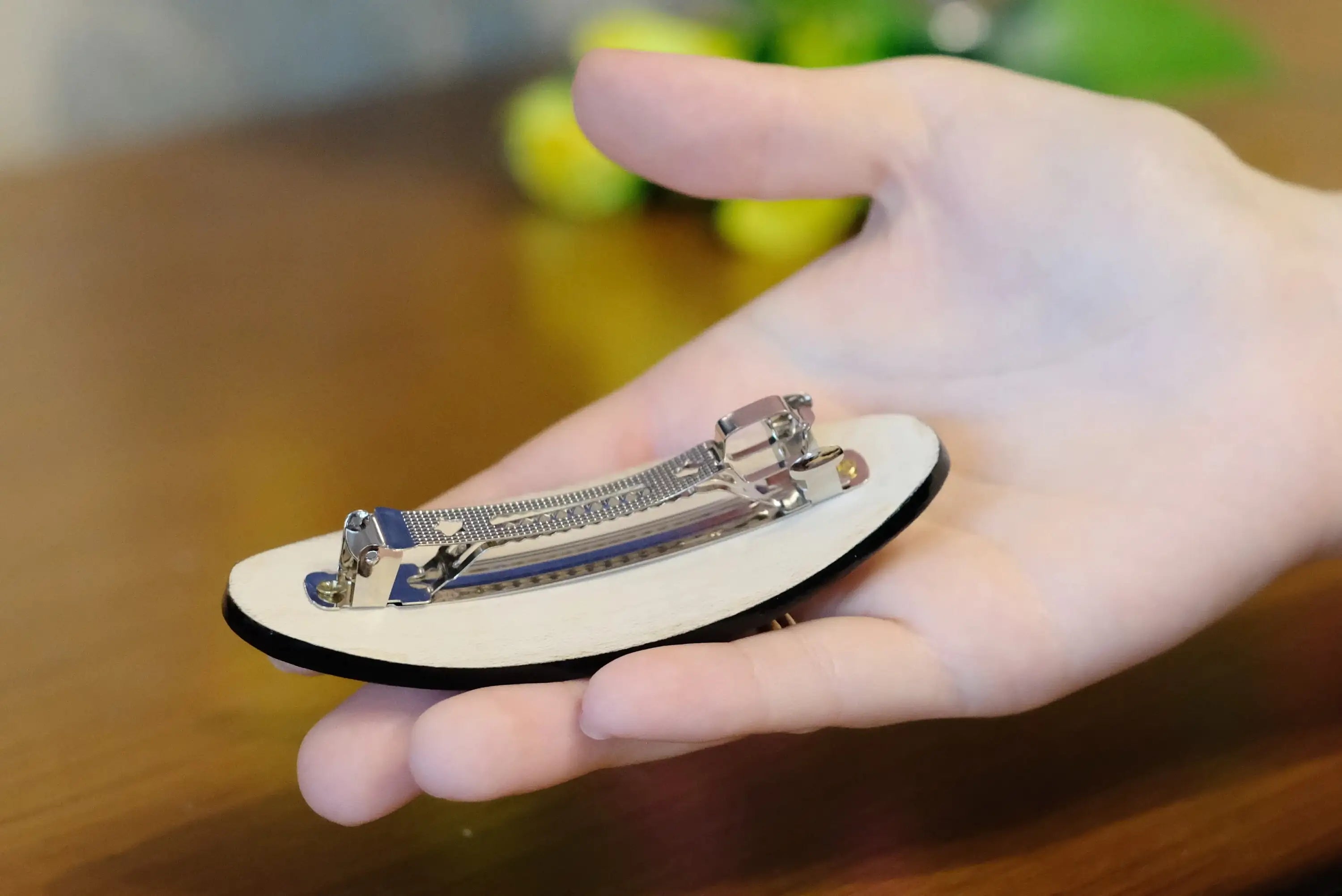 Painted Wooden Beige Flower Hair Barrette - Handmade Artisanal Petrykivka Art French Hair Clip