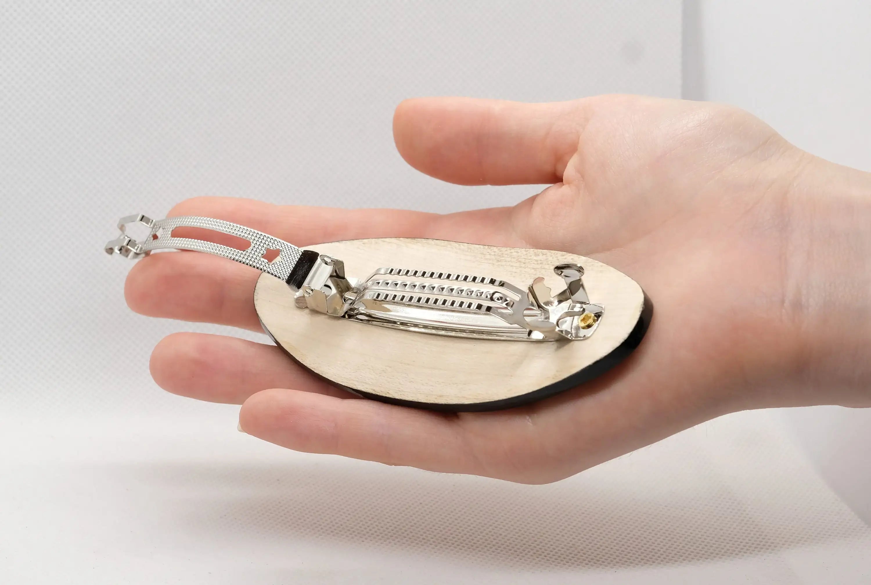 Painted Wooden Beige Flower Hair Barrette - Handmade Artisanal Petrykivka Art French Hair Clip