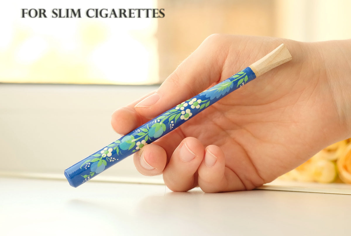 Painted Wooden Cigarette Holder - Regular & Slim - Blue Flower Mouthpiece with Ukrainian Folk Art Petrykivka