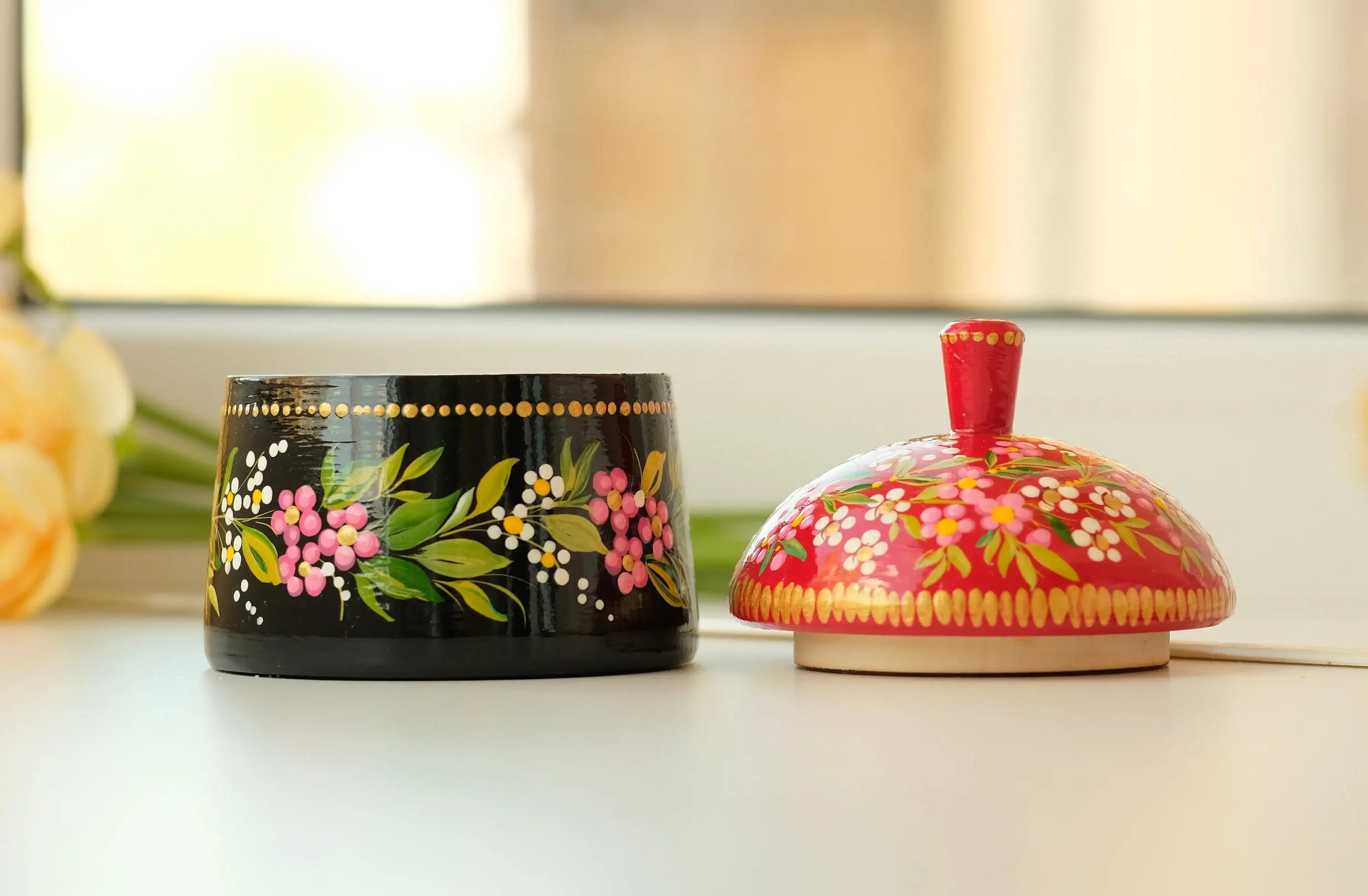 Wooden Sugar Bowl with Lid Small - Hand-painted Red Flower House-shaped Dry Goods Container, Petrykivka Art