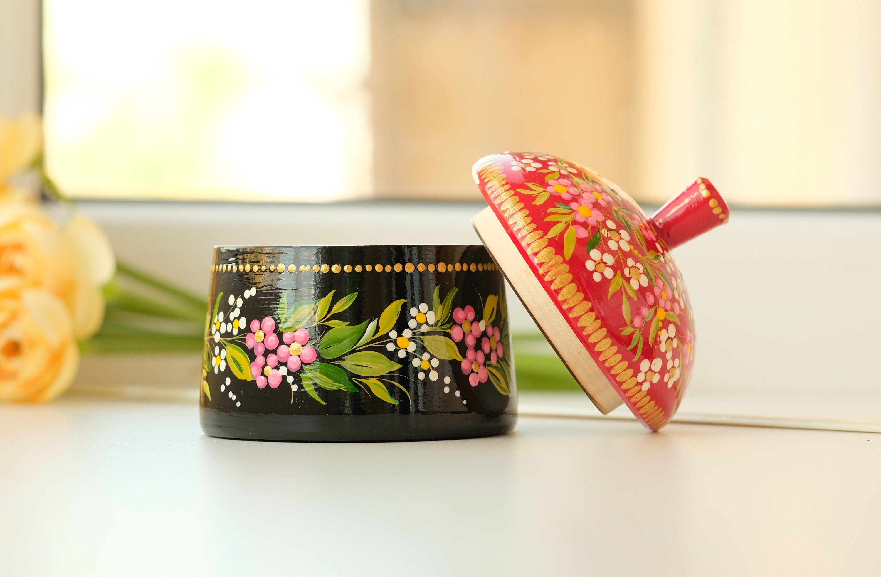 Wooden Sugar Bowl with Lid Small - Hand-painted Red Flower House-shaped Dry Goods Container, Petrykivka Art