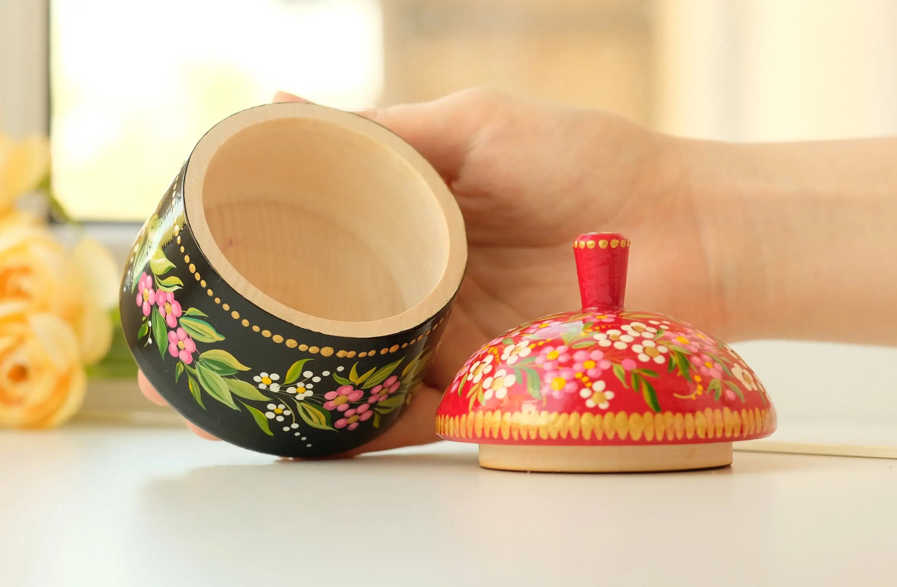 Wooden Sugar Bowl with Lid Small - Hand-painted Red Flower House-shaped Dry Goods Container, Petrykivka Art