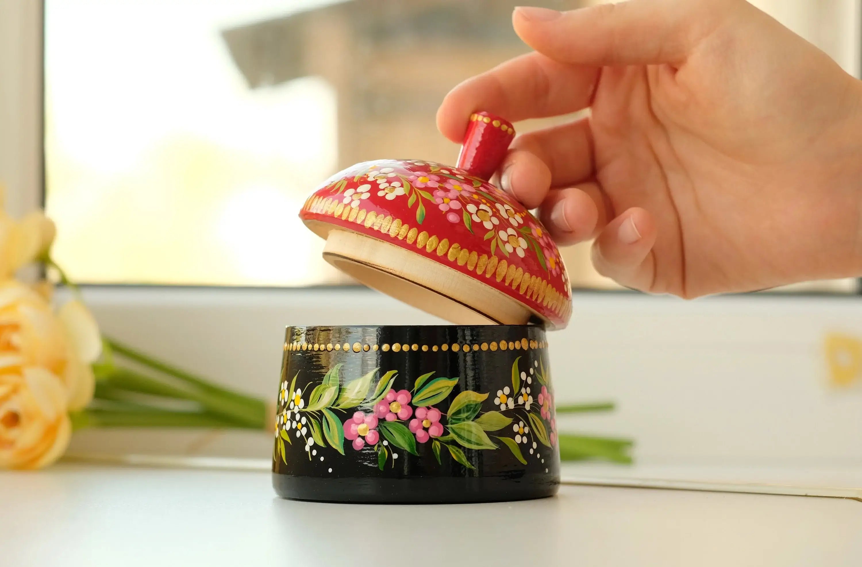 Wooden Sugar Bowl with Lid Small - Hand-painted Red Flower House-shaped Dry Goods Container, Petrykivka Art