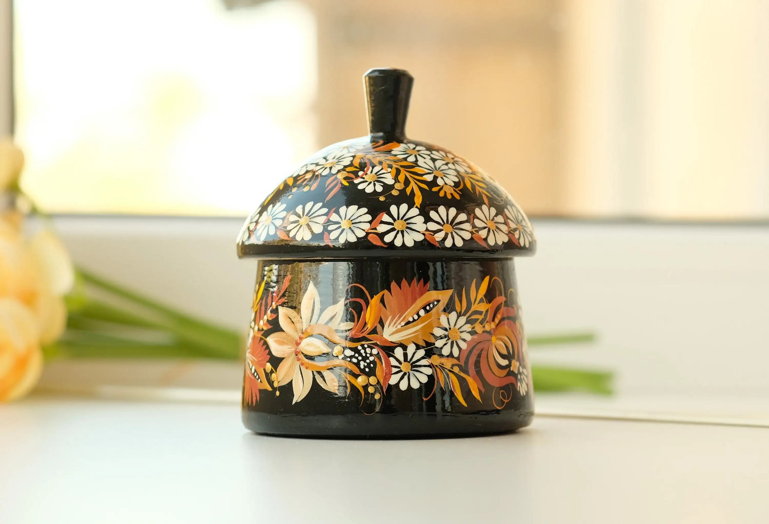 Wooden Sugar Bowl with Lid Small - Hand-painted Beige Flower House-shaped Dry Goods Container, Petrykivka Art