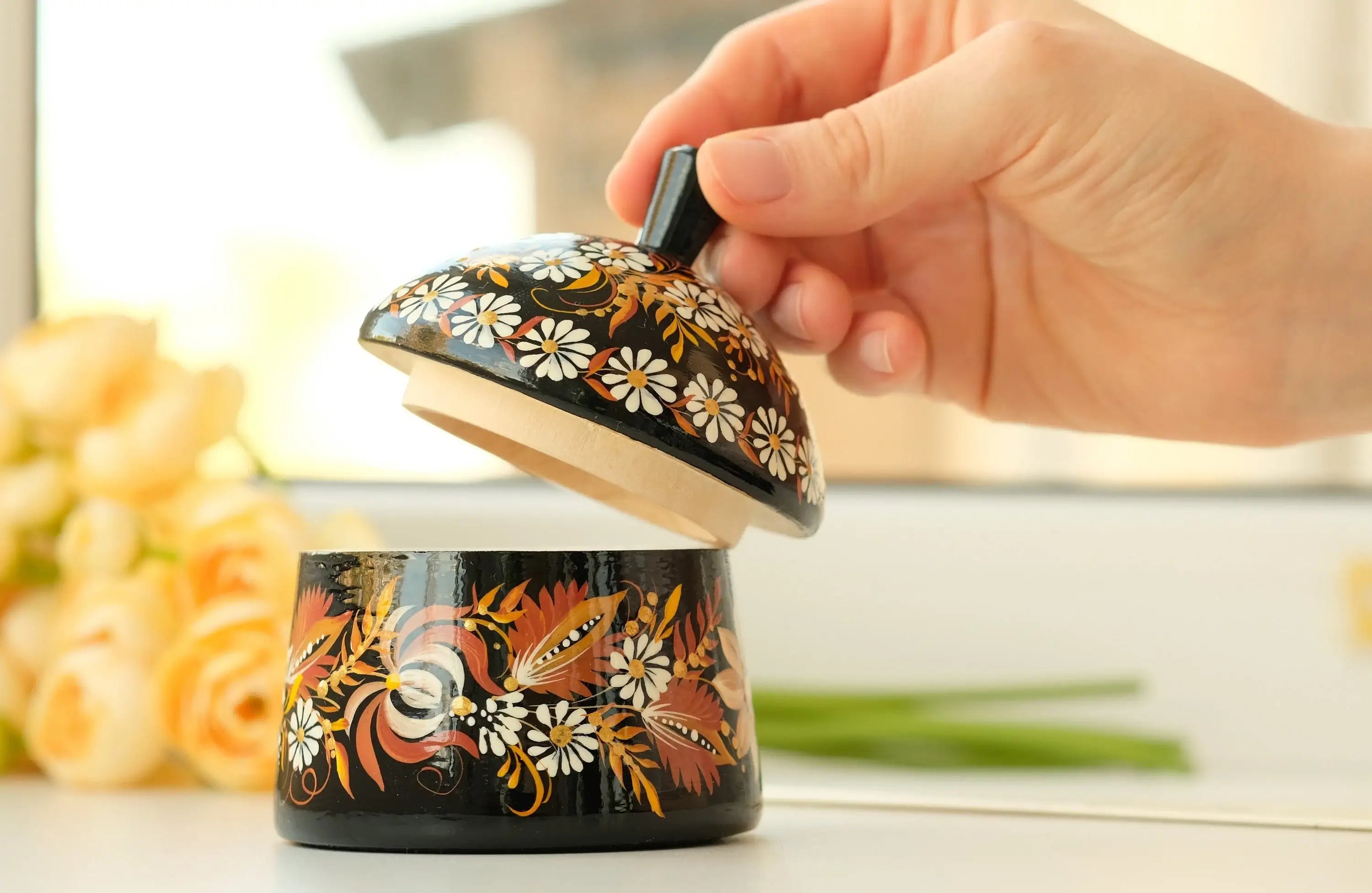 Wooden Sugar Bowl with Lid Small - Hand-painted Beige Flower House-shaped Dry Goods Container, Petrykivka Art