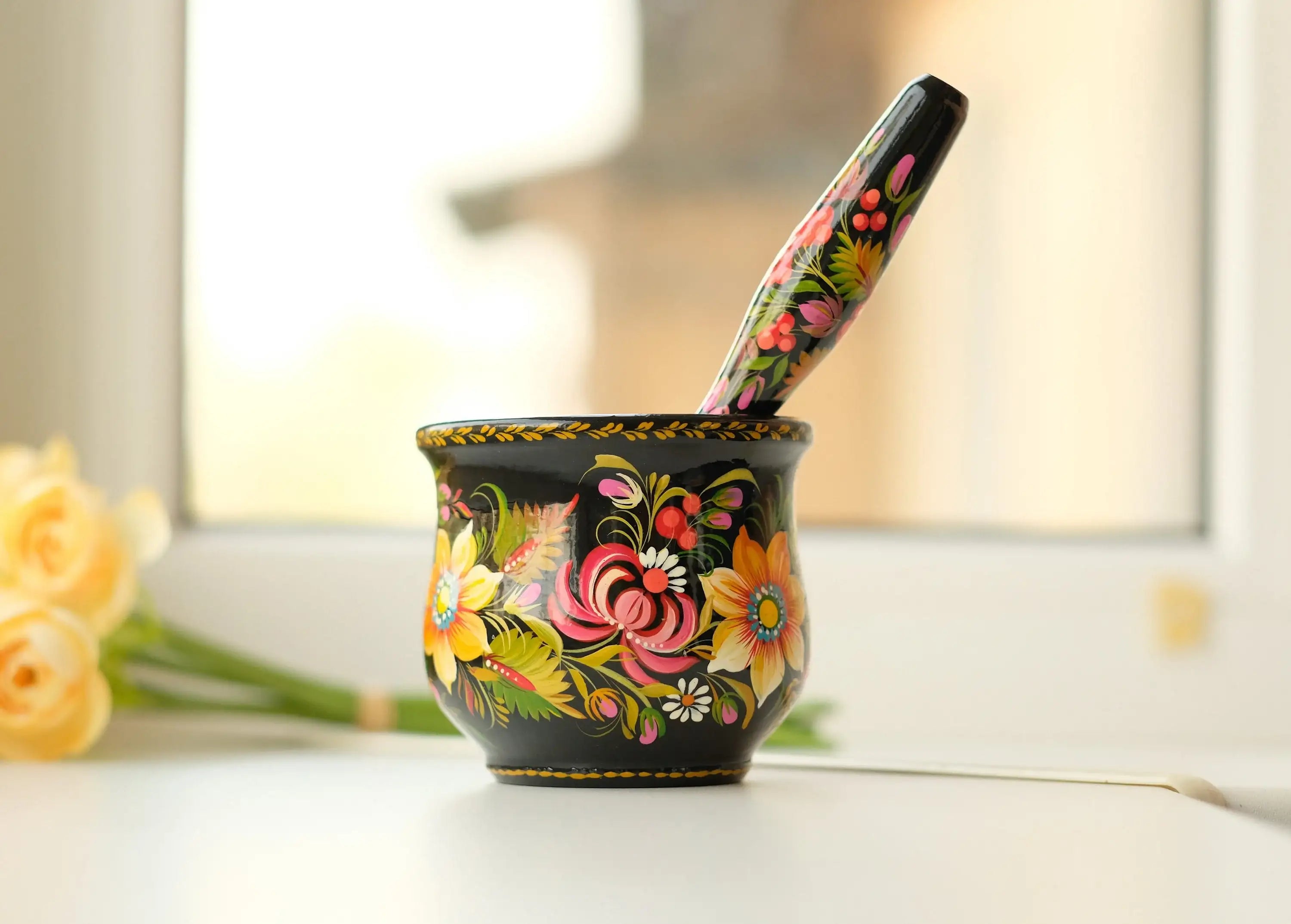 Wooden Sunflower Mortar and Pestle Set - Handmade Yellow Flower Painted Spices and Herb Masher, Petrykivka Art