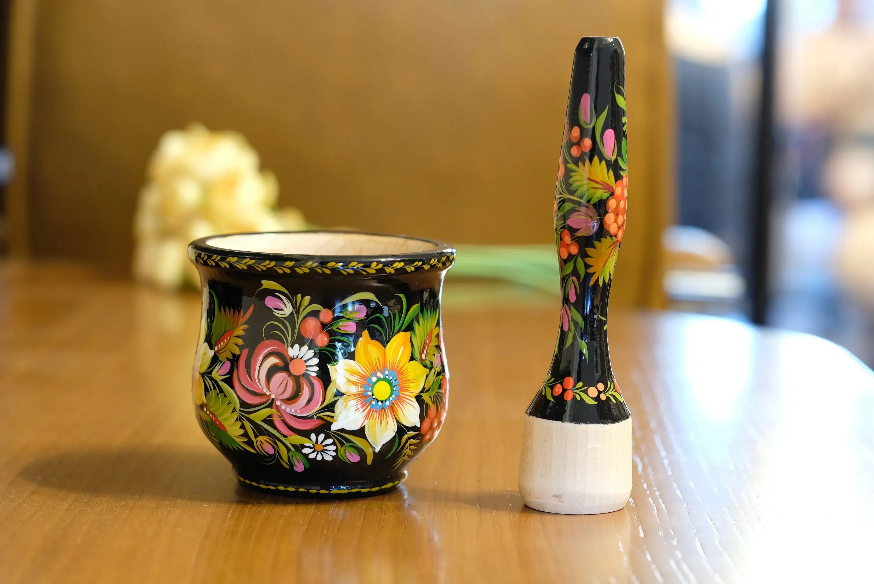 Wooden Sunflower Mortar and Pestle Set - Handmade Yellow Flower Painted Spices and Herb Masher, Petrykivka Art