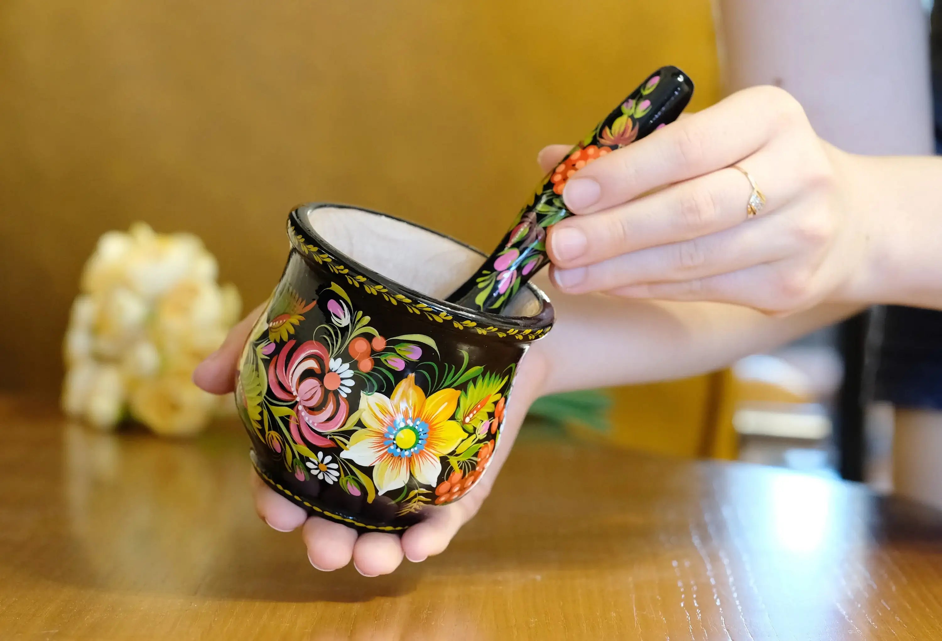 Wooden Sunflower Mortar and Pestle Set - Handmade Yellow Flower Painted Spices and Herb Masher, Petrykivka Art