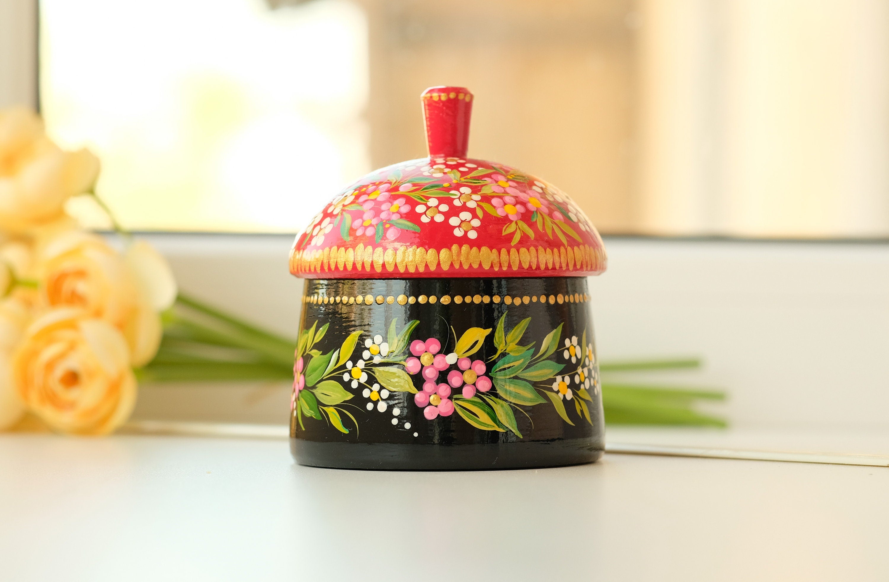 Wooden Sugar Bowl with Lid Small - Hand-painted Red Flower House-shaped Dry Goods Container, Petrykivka Art