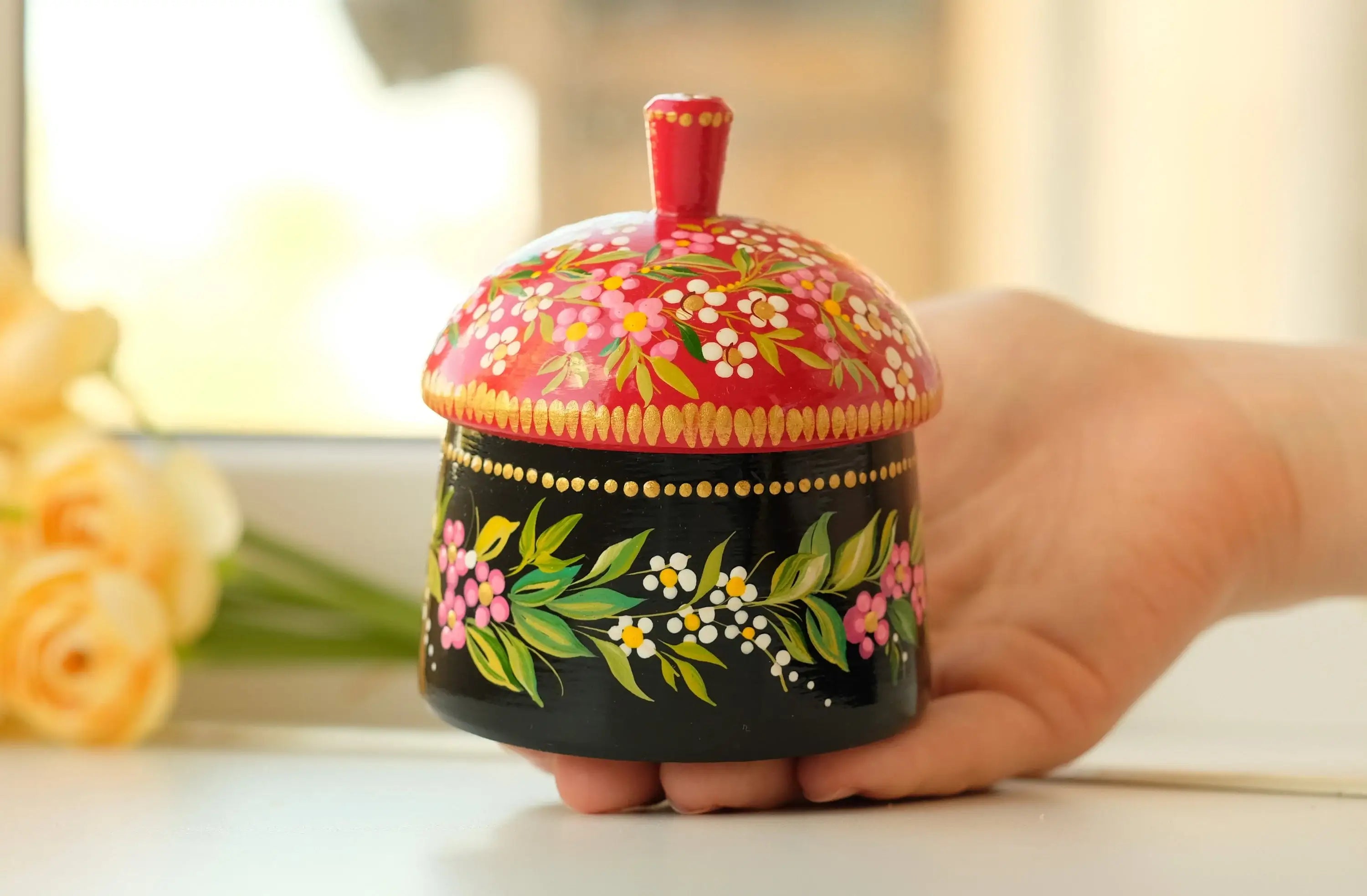 Wooden Sugar Bowl with Lid Small - Hand-painted Red Flower House-shaped Dry Goods Container, Petrykivka Art