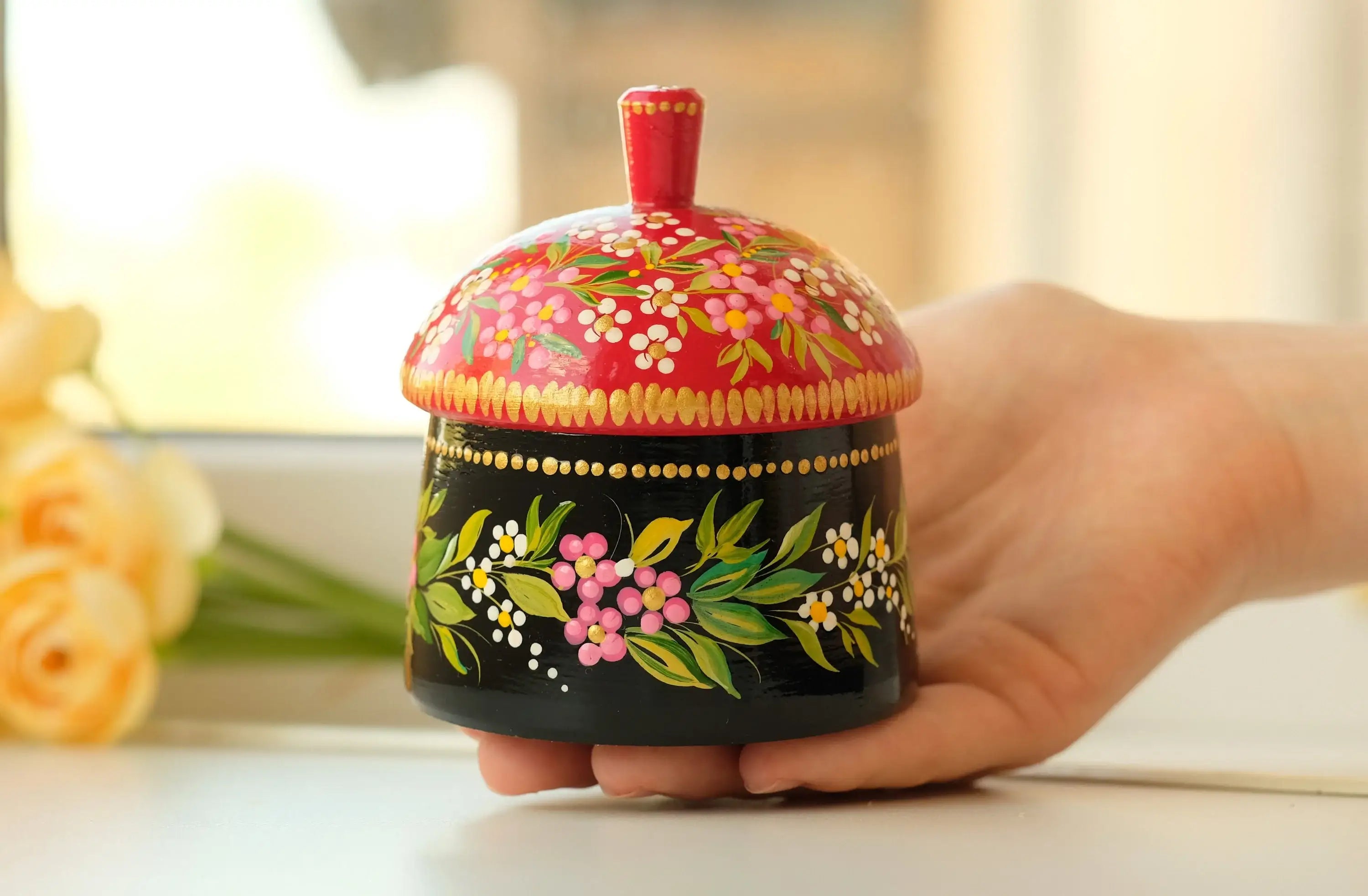 Wooden Sugar Bowl with Lid Small - Hand-painted Red Flower House-shaped Dry Goods Container, Petrykivka Art
