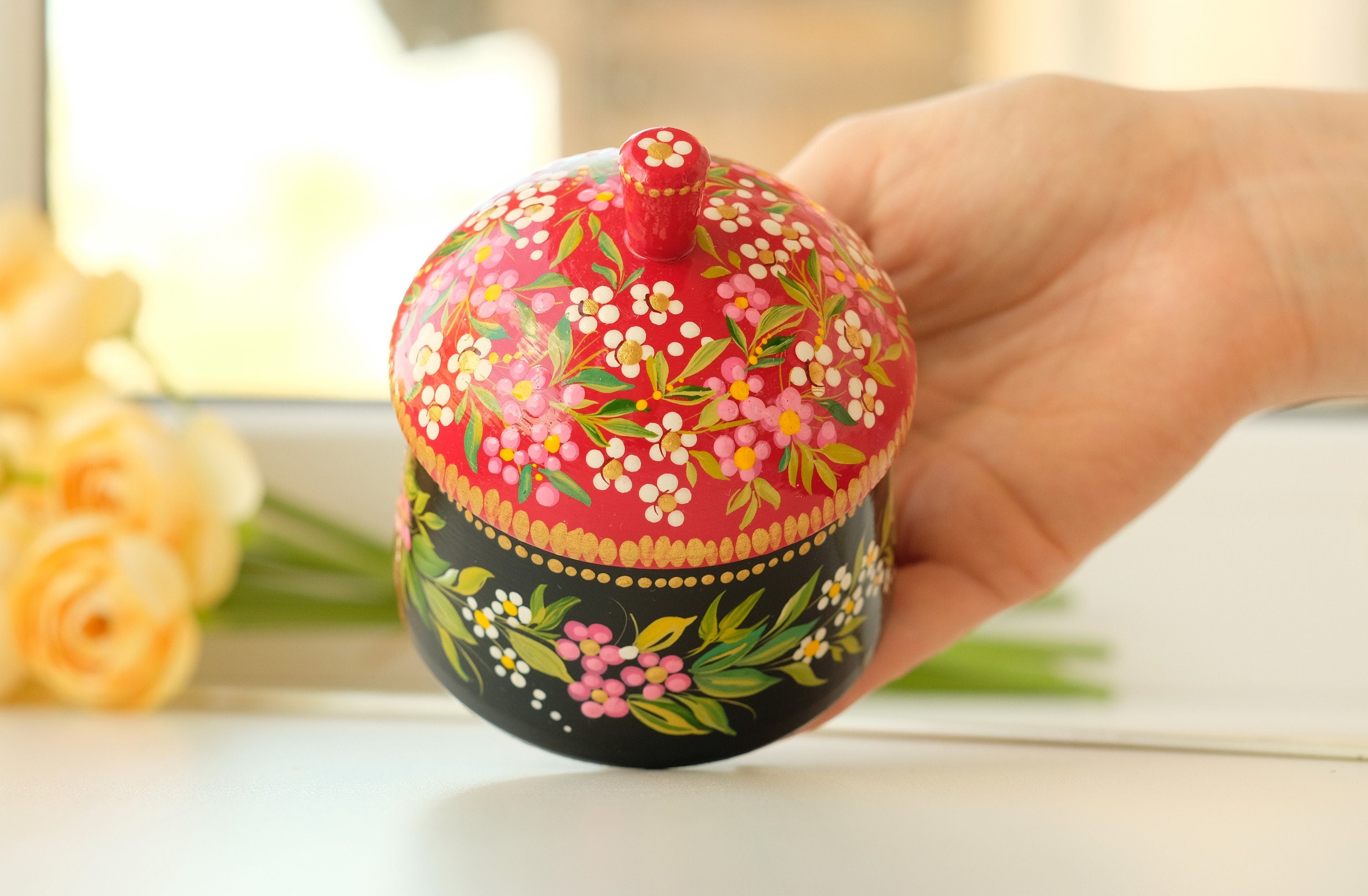 Wooden Sugar Bowl with Lid Small - Hand-painted Red Flower House-shaped Dry Goods Container, Petrykivka Art