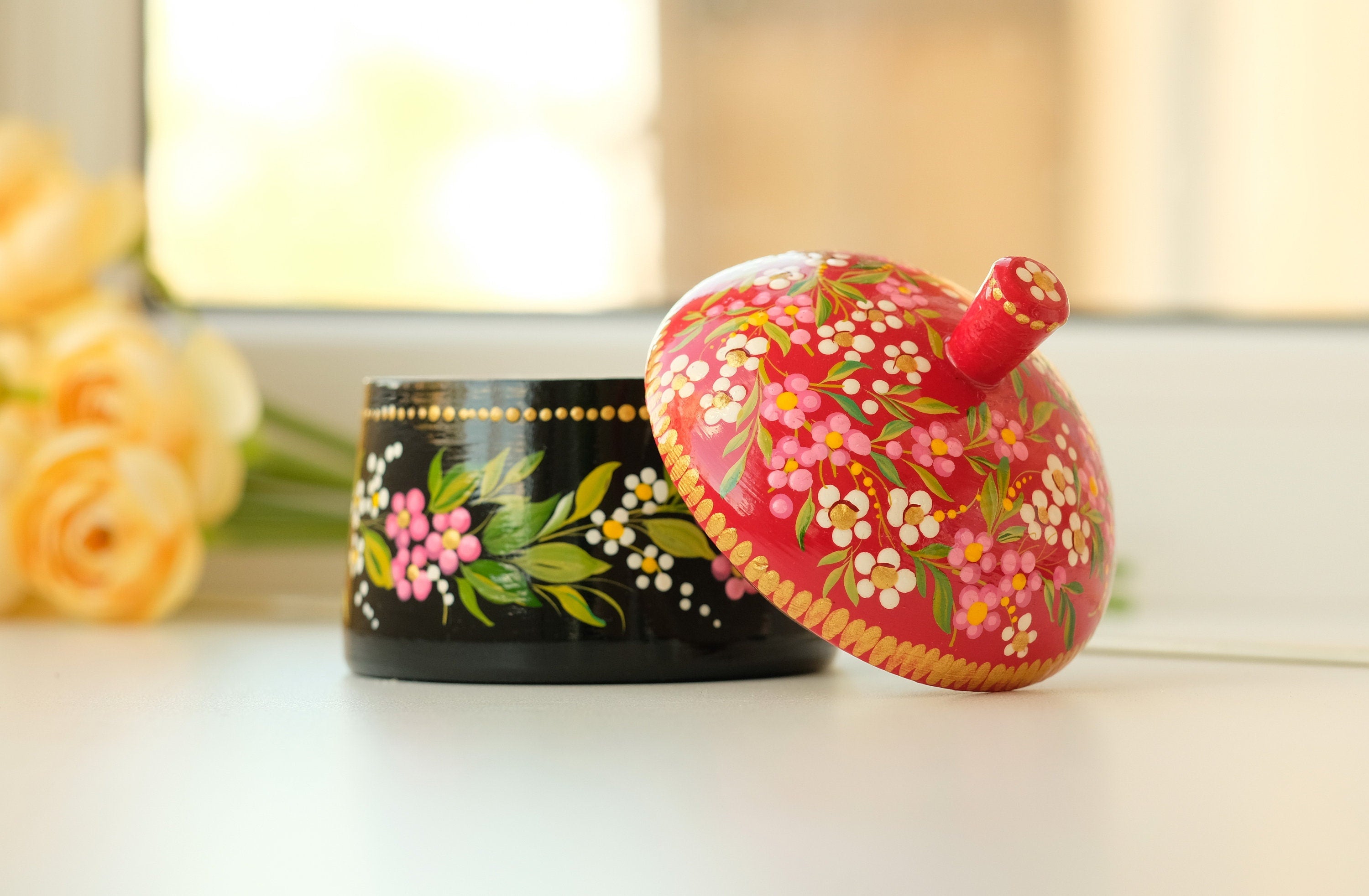Wooden Sugar Bowl with Lid Small - Hand-painted Red Flower House-shaped Dry Goods Container, Petrykivka Art