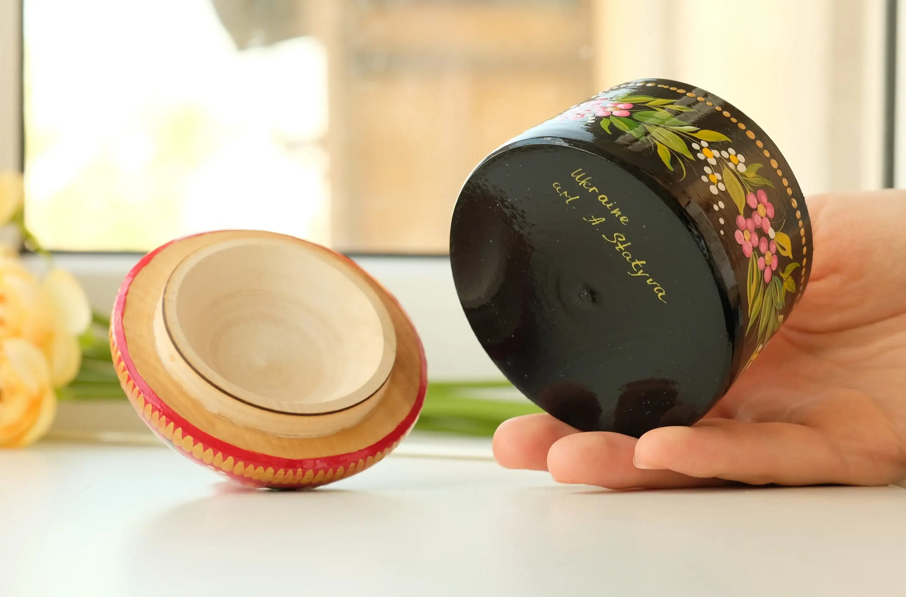 Wooden Sugar Bowl with Lid Small - Hand-painted Red Flower House-shaped Dry Goods Container, Petrykivka Art