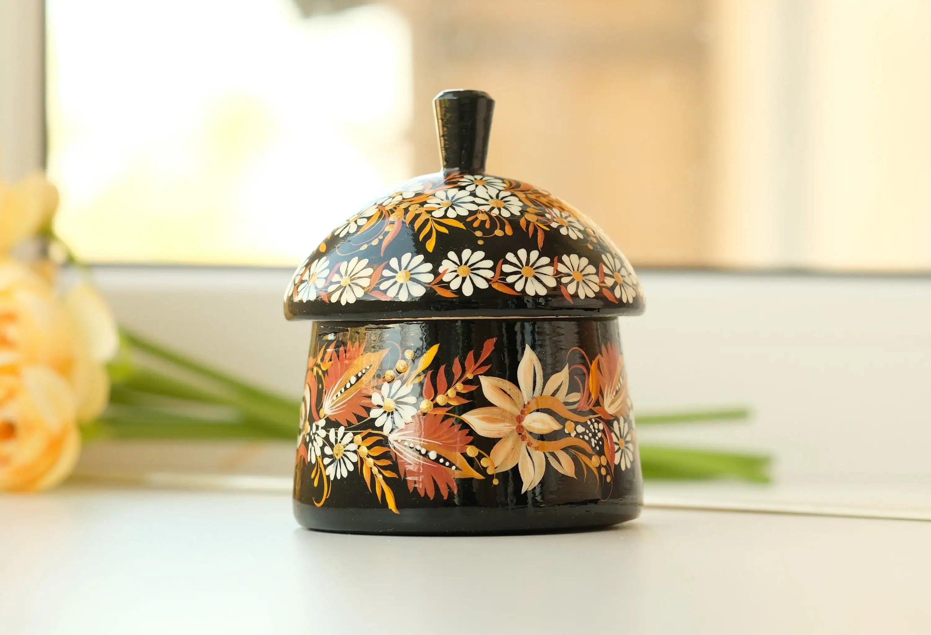 Wooden Sugar Bowl with Lid Small - Hand-painted Beige Flower House-shaped Dry Goods Container, Petrykivka Art