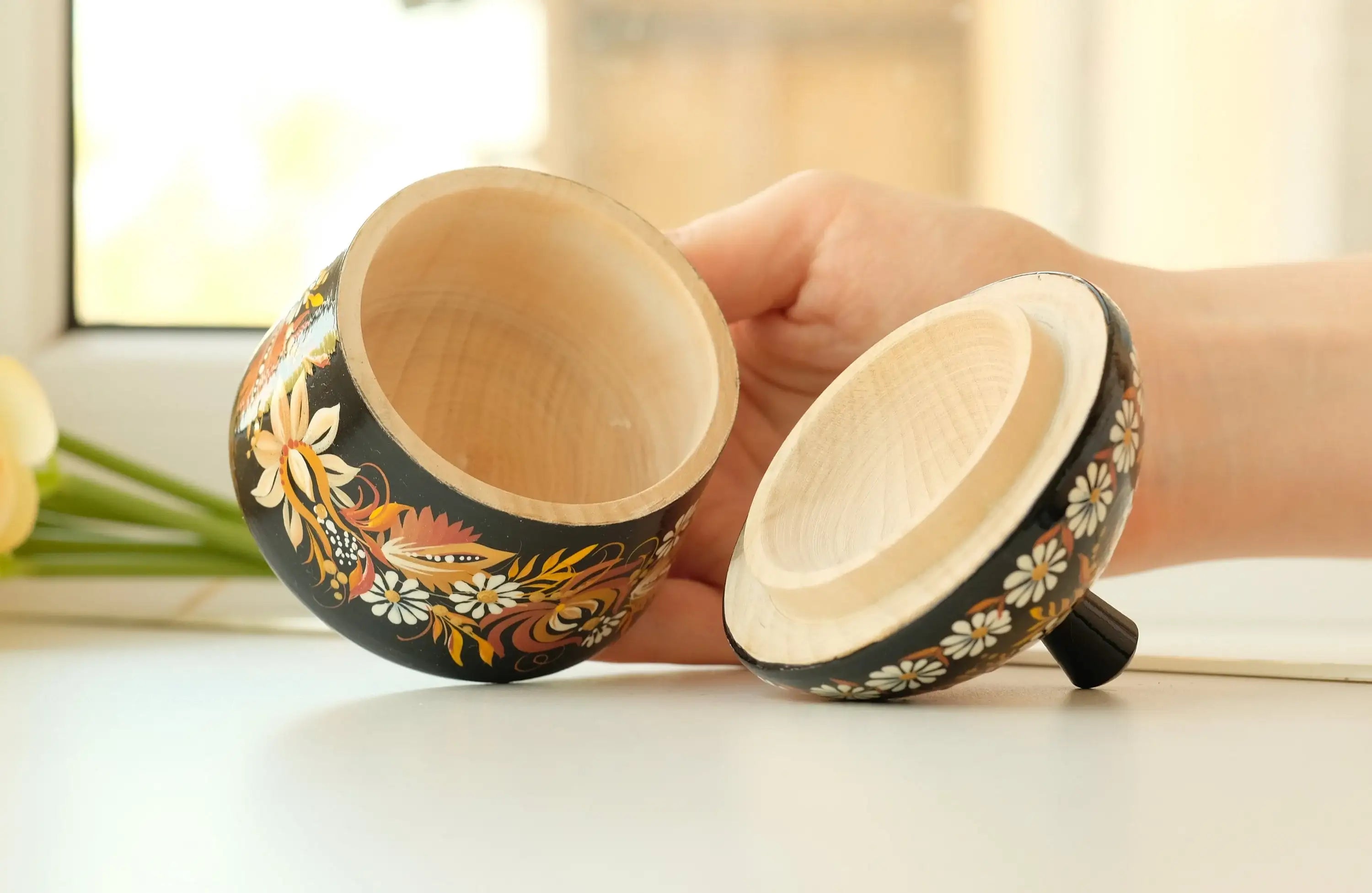 Wooden Sugar Bowl with Lid Small - Hand-painted Beige Flower House-shaped Dry Goods Container, Petrykivka Art