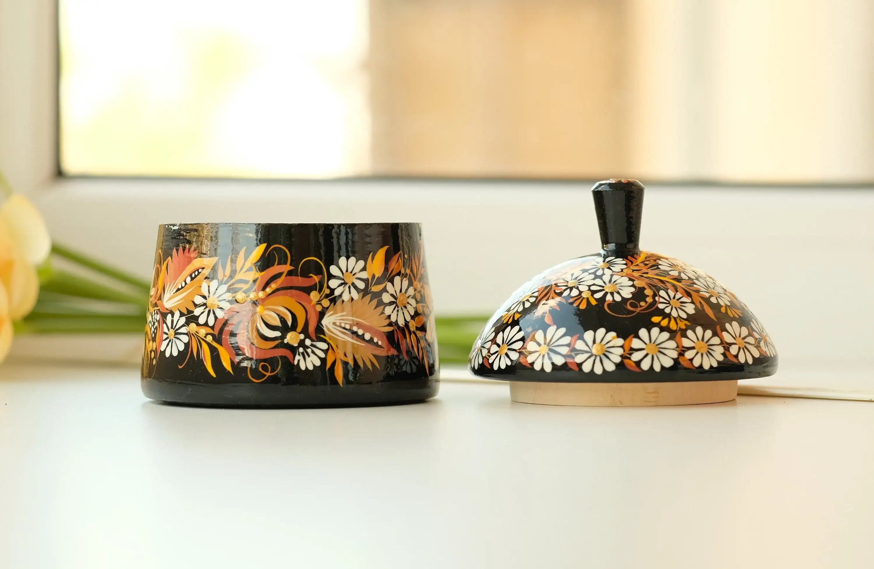 Wooden Sugar Bowl with Lid Small - Hand-painted Beige Flower House-shaped Dry Goods Container, Petrykivka Art
