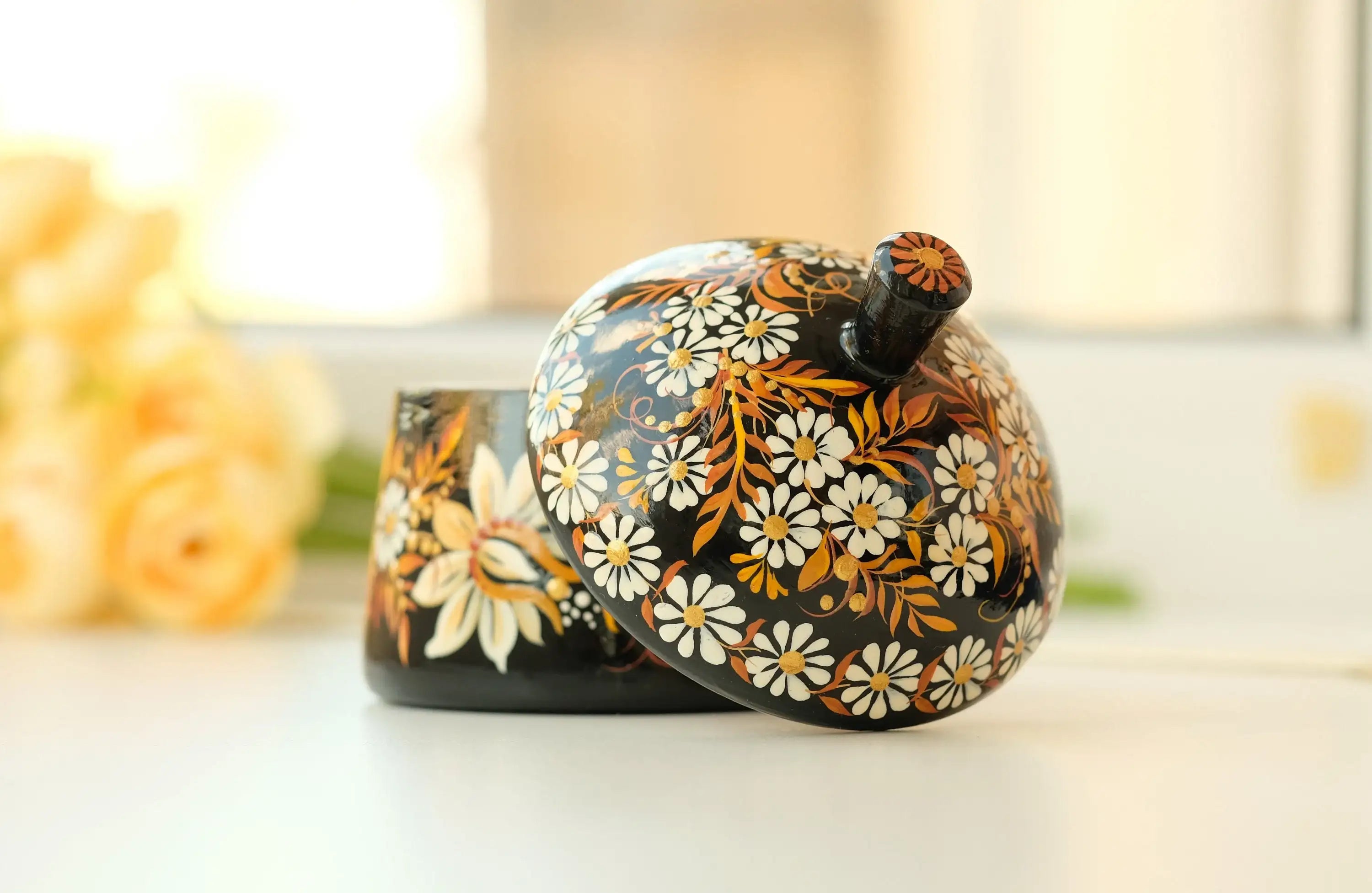 Wooden Sugar Bowl with Lid Small - Hand-painted Beige Flower House-shaped Dry Goods Container, Petrykivka Art