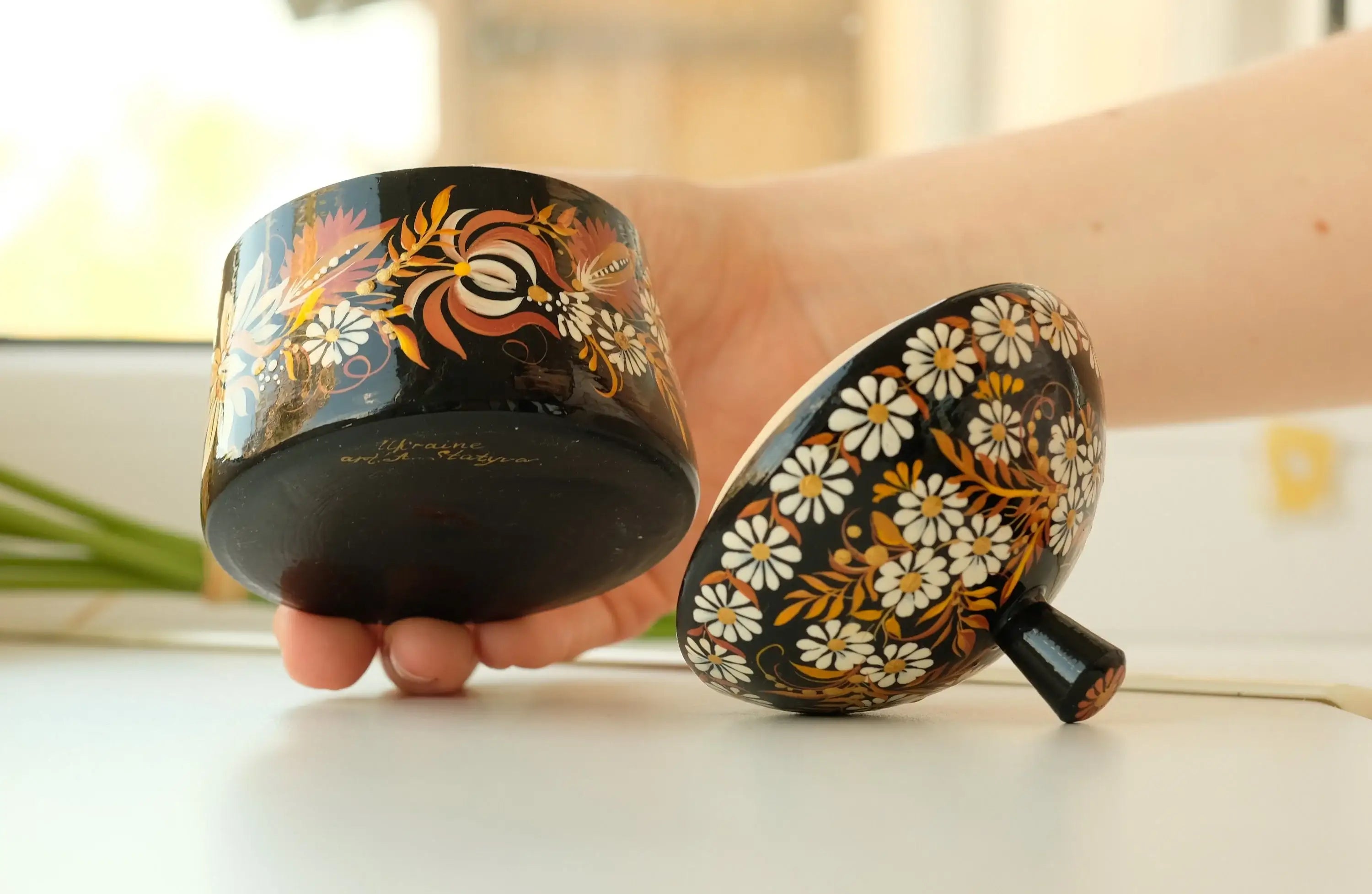 Wooden Sugar Bowl with Lid Small - Hand-painted Beige Flower House-shaped Dry Goods Container, Petrykivka Art