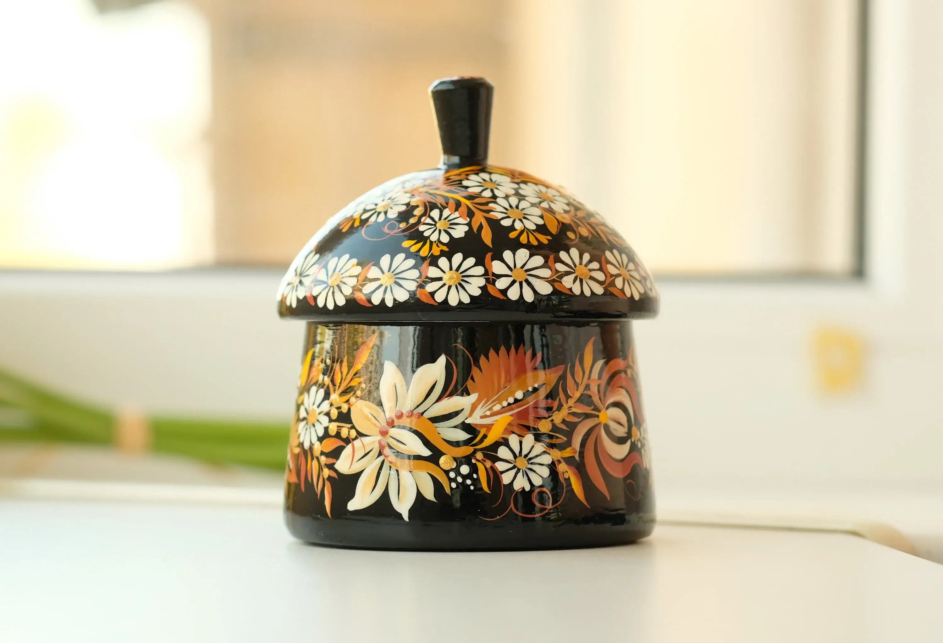 Wooden Sugar Bowl with Lid Small - Hand-painted Beige Flower House-shaped Dry Goods Container, Petrykivka Art