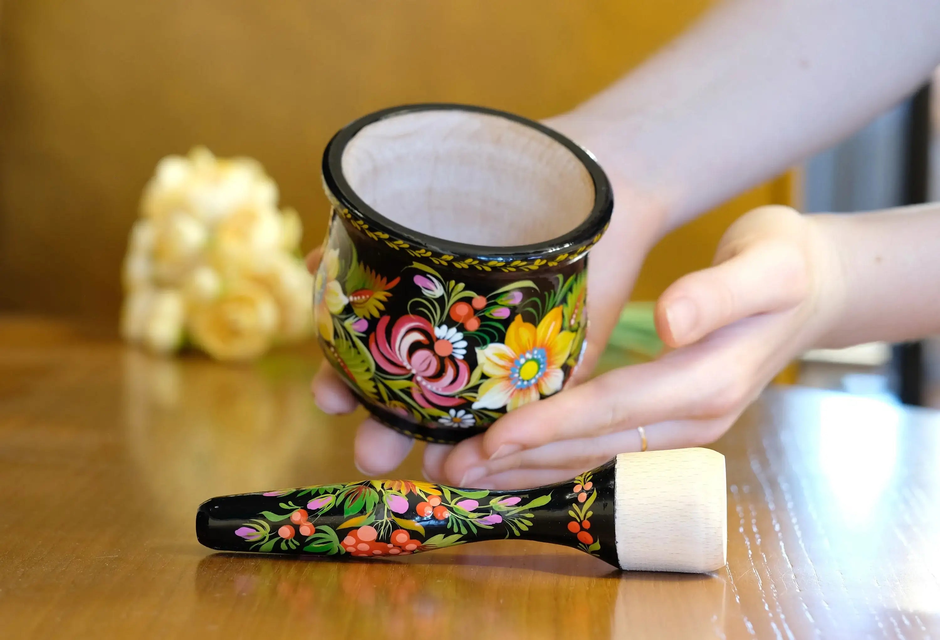 Wooden Sunflower Mortar and Pestle Set - Handmade Yellow Flower Painted Spices and Herb Masher, Petrykivka Art