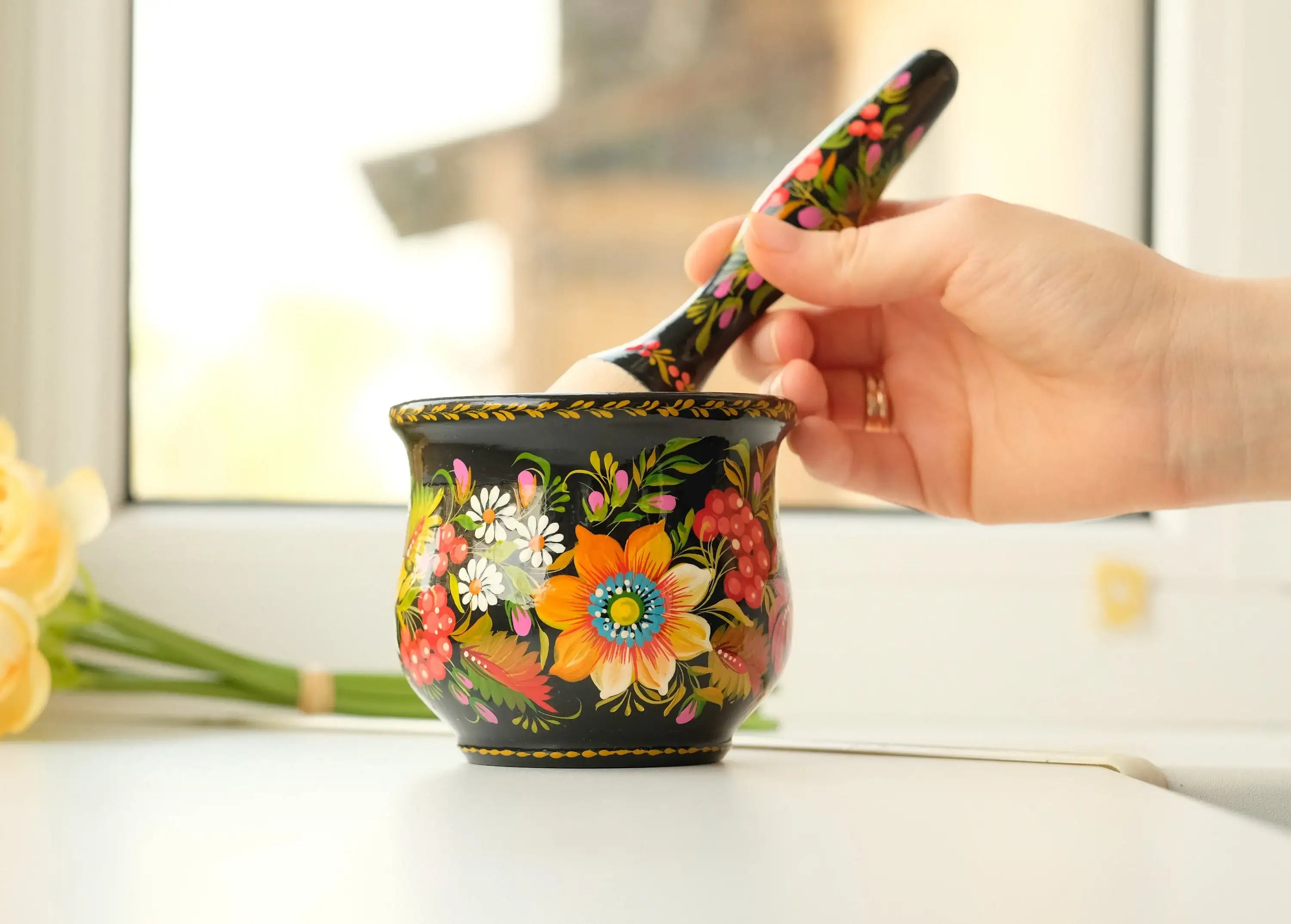 Wooden Sunflower Mortar and Pestle Set - Handmade Yellow Flower Painted Spices and Herb Masher, Petrykivka Art