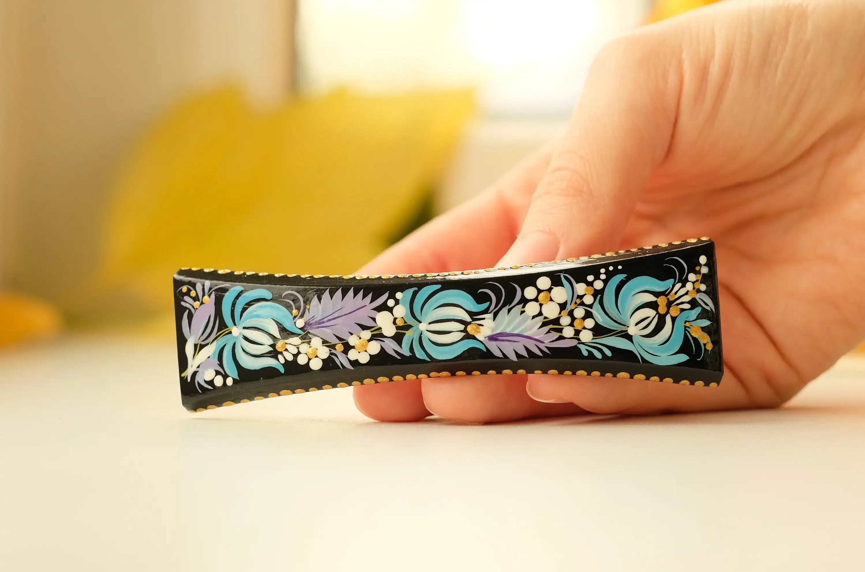 Painted Wooden Blue Flower Hair Barrette - Handmade Artisanal Petrykivka Art French Hair Clip