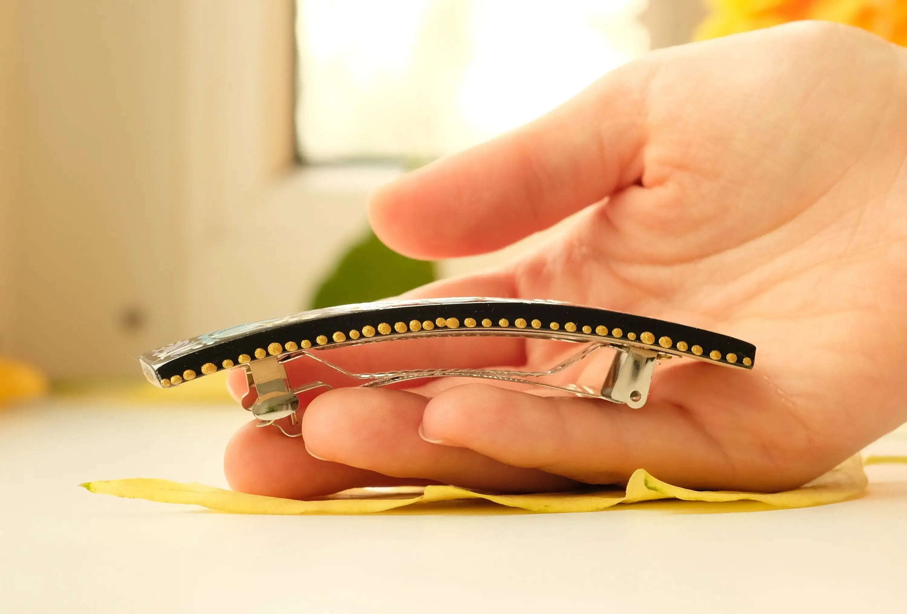 Painted Wooden Blue Flower Hair Barrette - Handmade Artisanal Petrykivka Art French Hair Clip