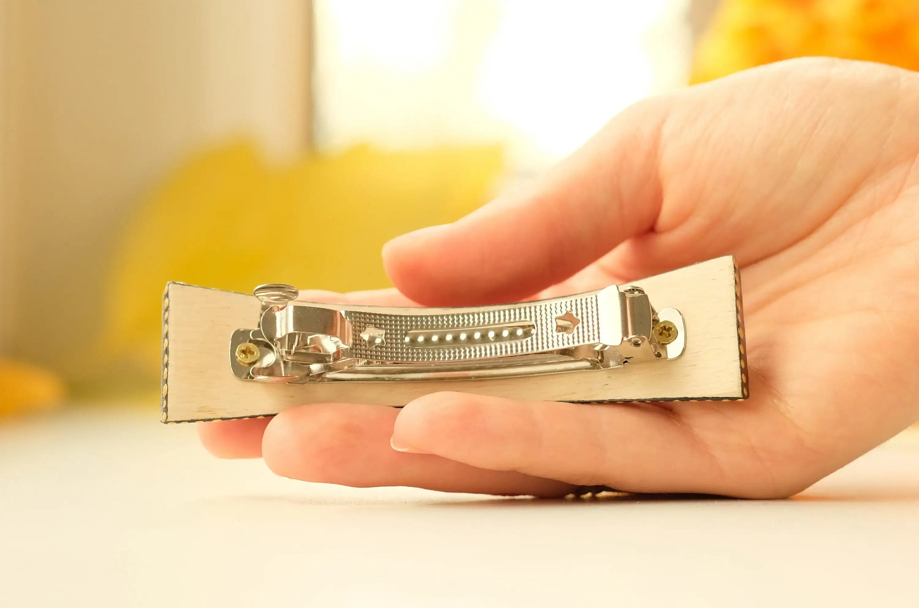 Painted Wooden Blue Flower Hair Barrette - Handmade Artisanal Petrykivka Art French Hair Clip
