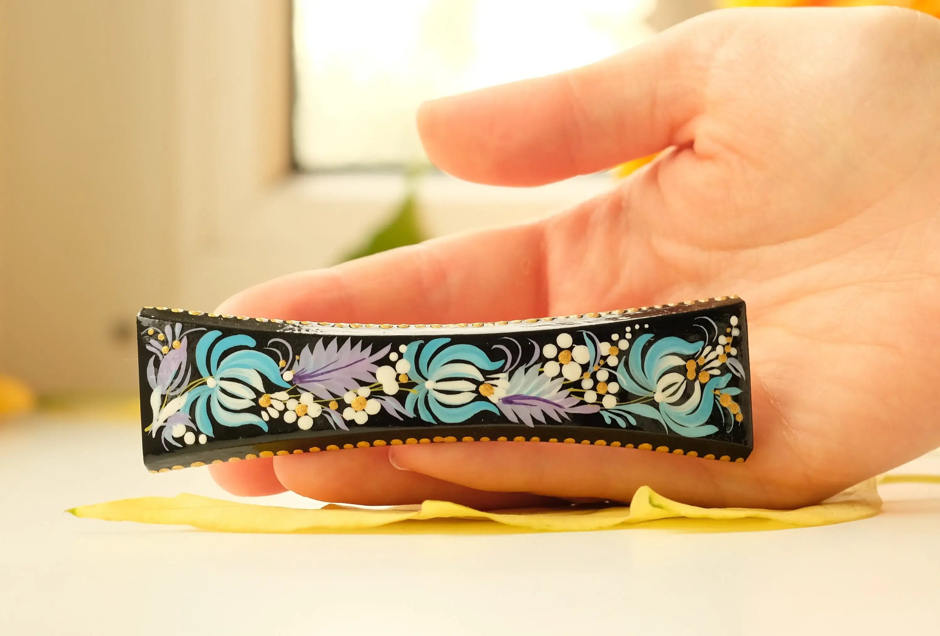 Painted Wooden Blue Flower Hair Barrette - Handmade Artisanal Petrykivka Art French Hair Clip