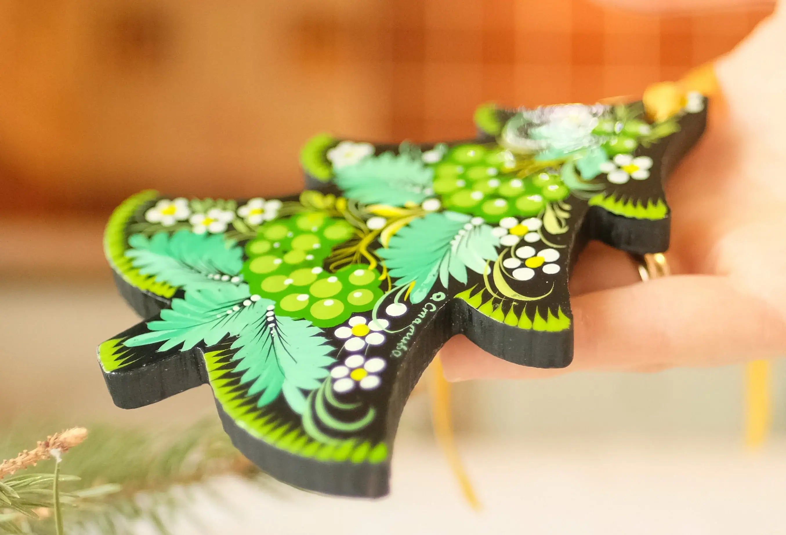 Hand-painted Wooden Christmas Tree Ornament - Green Flower Petrykivka art Ornament