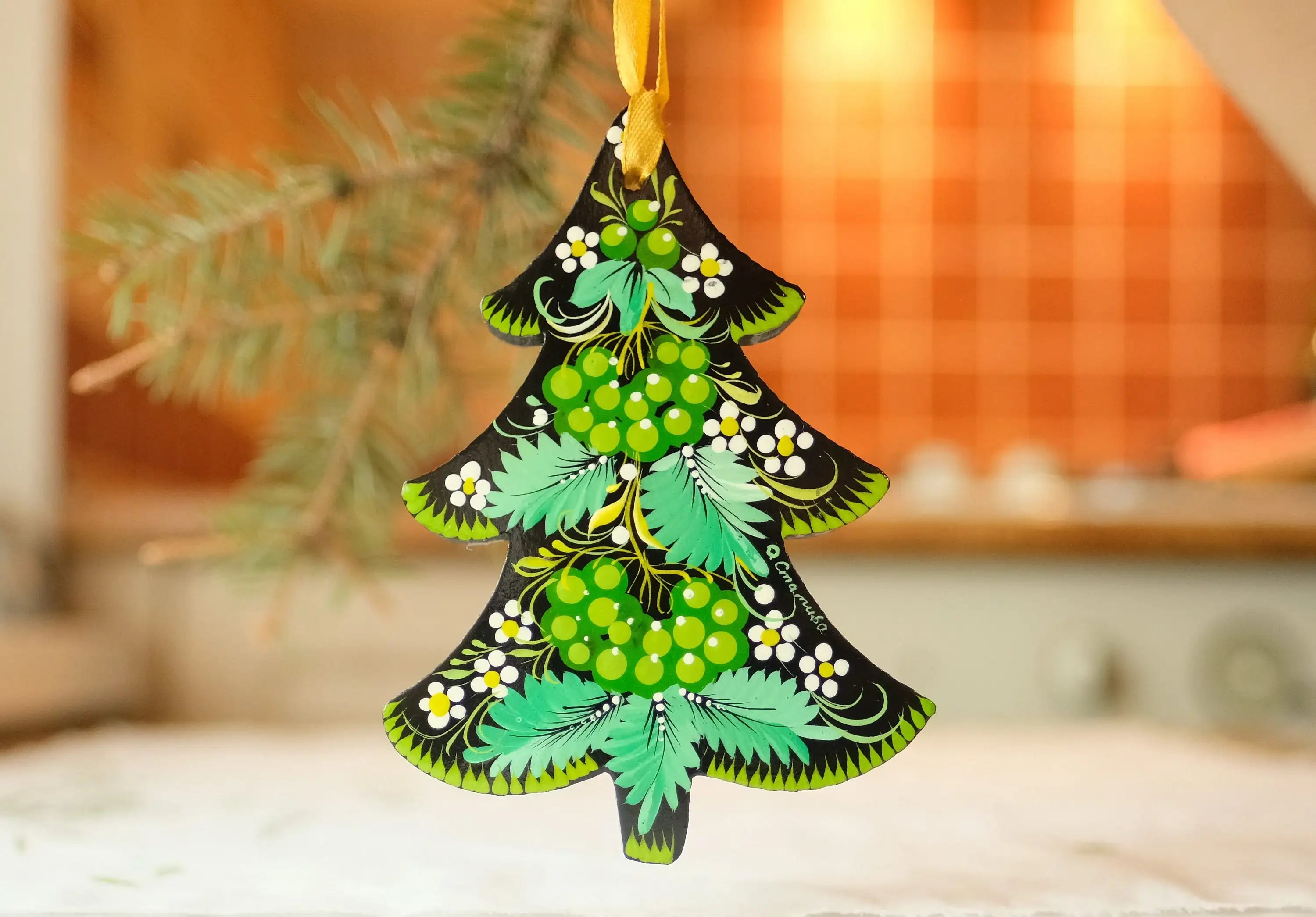 Hand-painted Wooden Christmas Tree Ornament - Green Flower Petrykivka art Ornament
