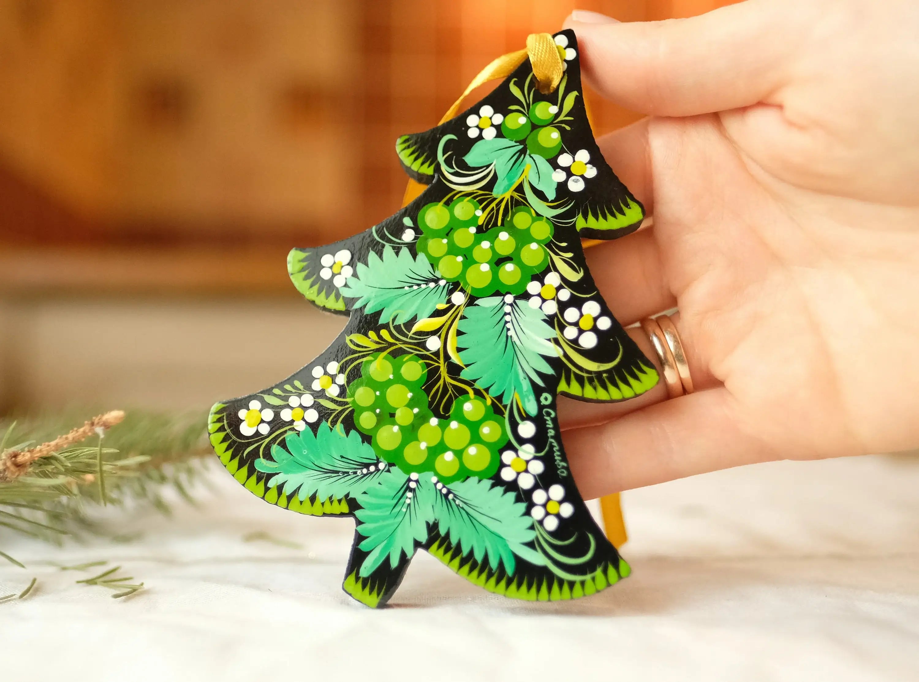 Hand-painted Wooden Christmas Tree Ornament - Green Flower Petrykivka art Ornament