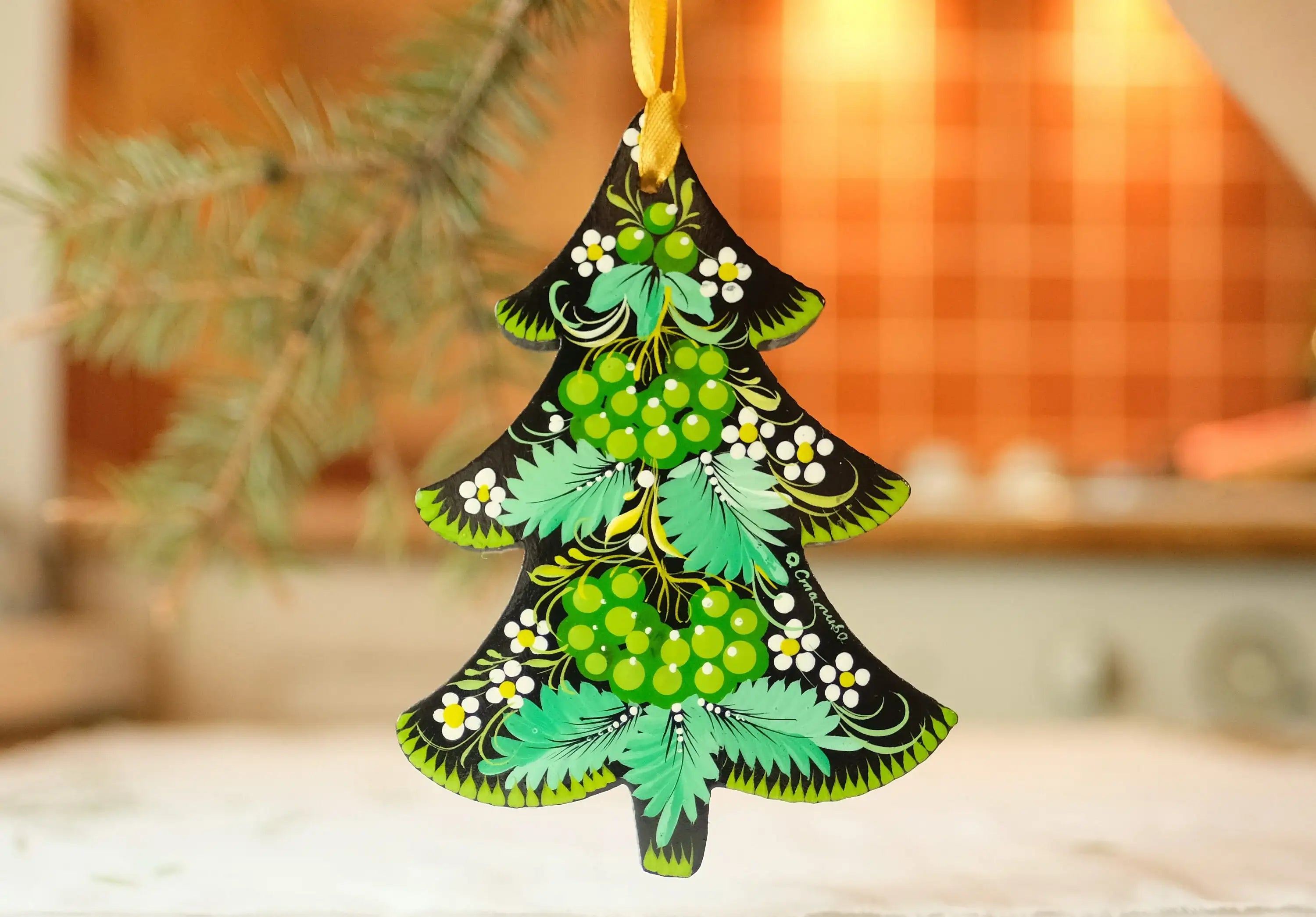 Hand-painted Wooden Christmas Tree Ornament - Green Flower Petrykivka art Ornament