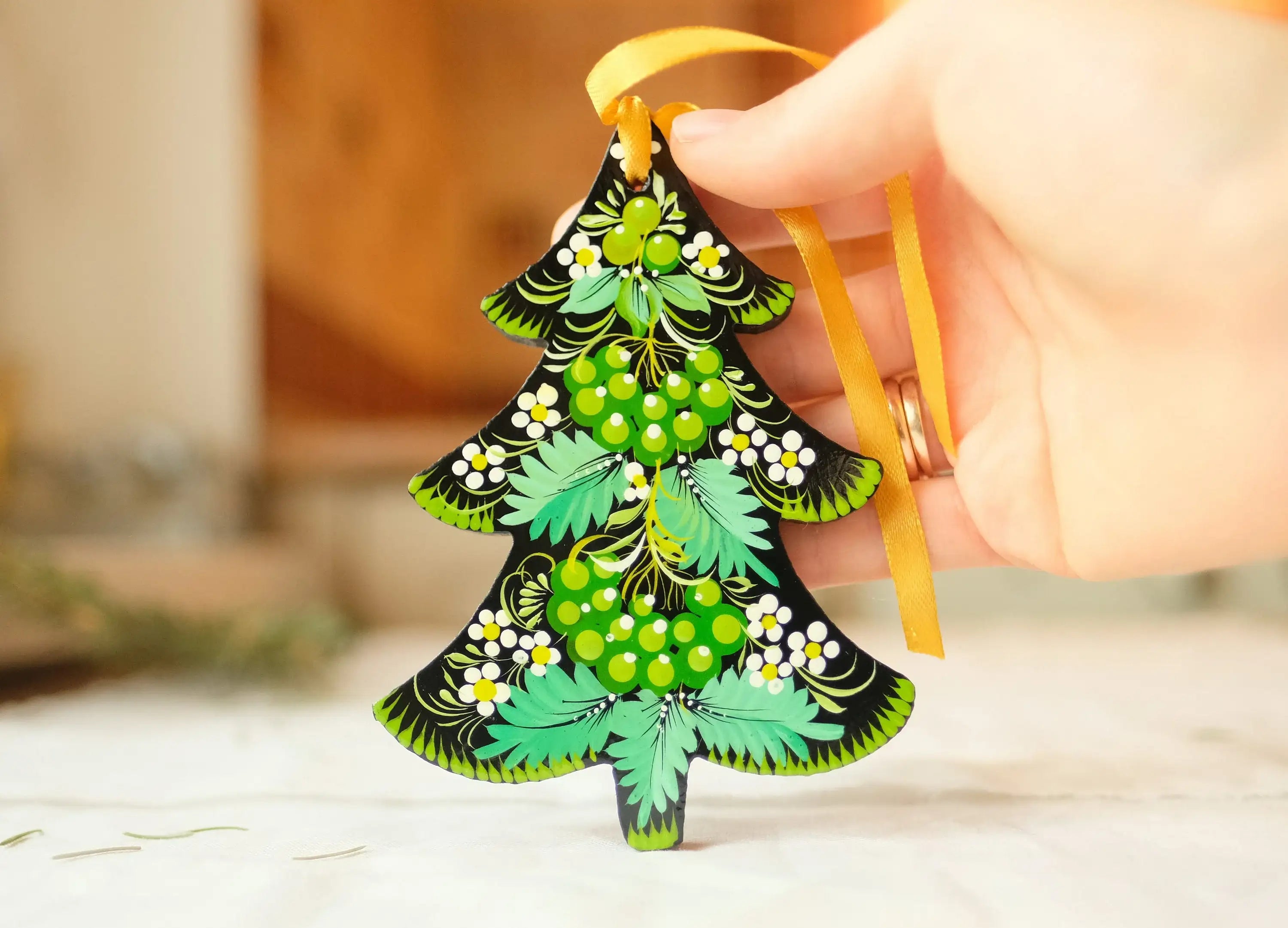 Hand-painted Wooden Christmas Tree Ornament - Green Flower Petrykivka art Ornament