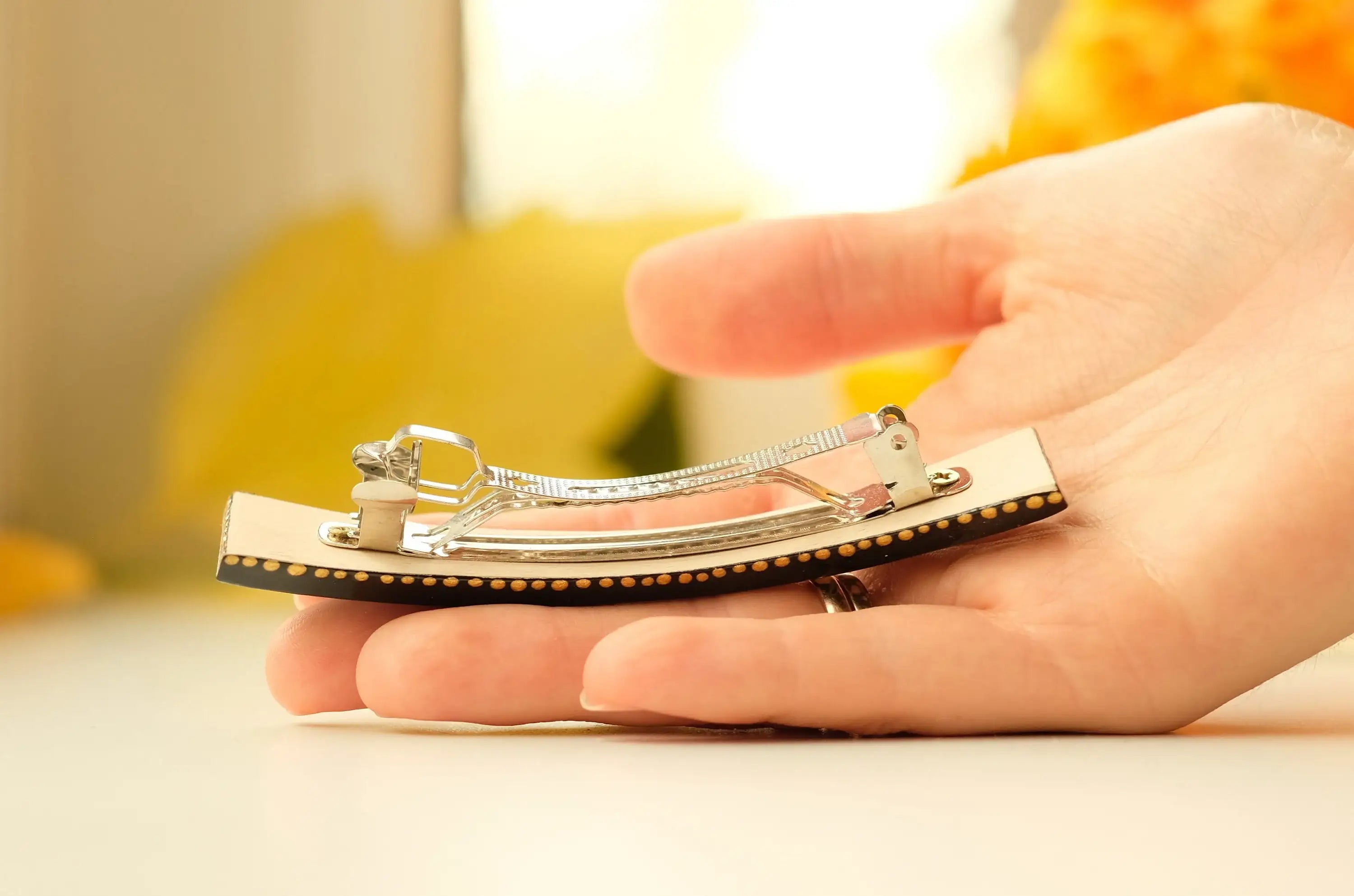 Painted Wooden Blue Flower Hair Barrette - Handmade Artisanal Petrykivka Art French Hair Clip