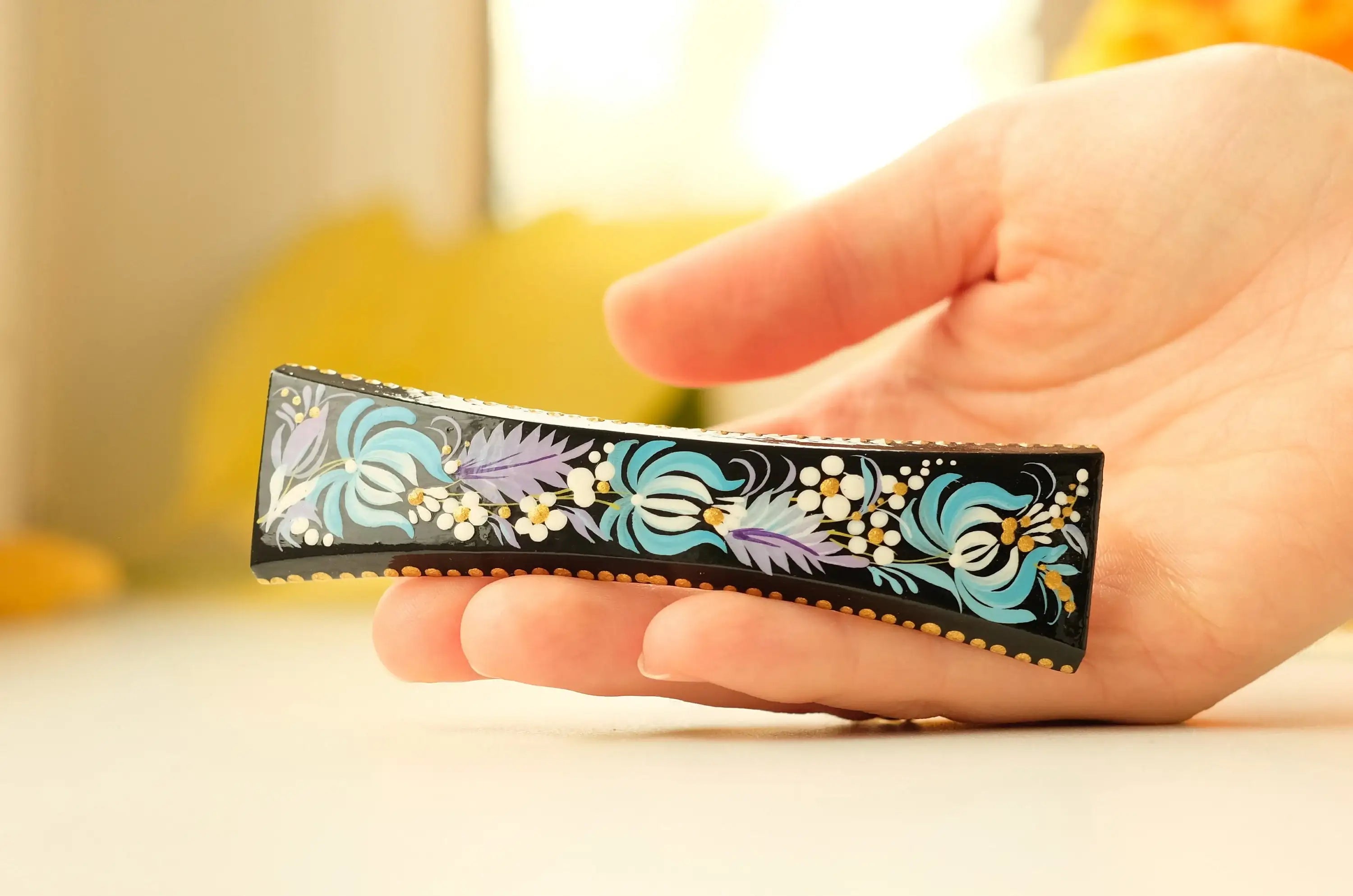 Painted Wooden Blue Flower Hair Barrette - Handmade Artisanal Petrykivka Art French Hair Clip