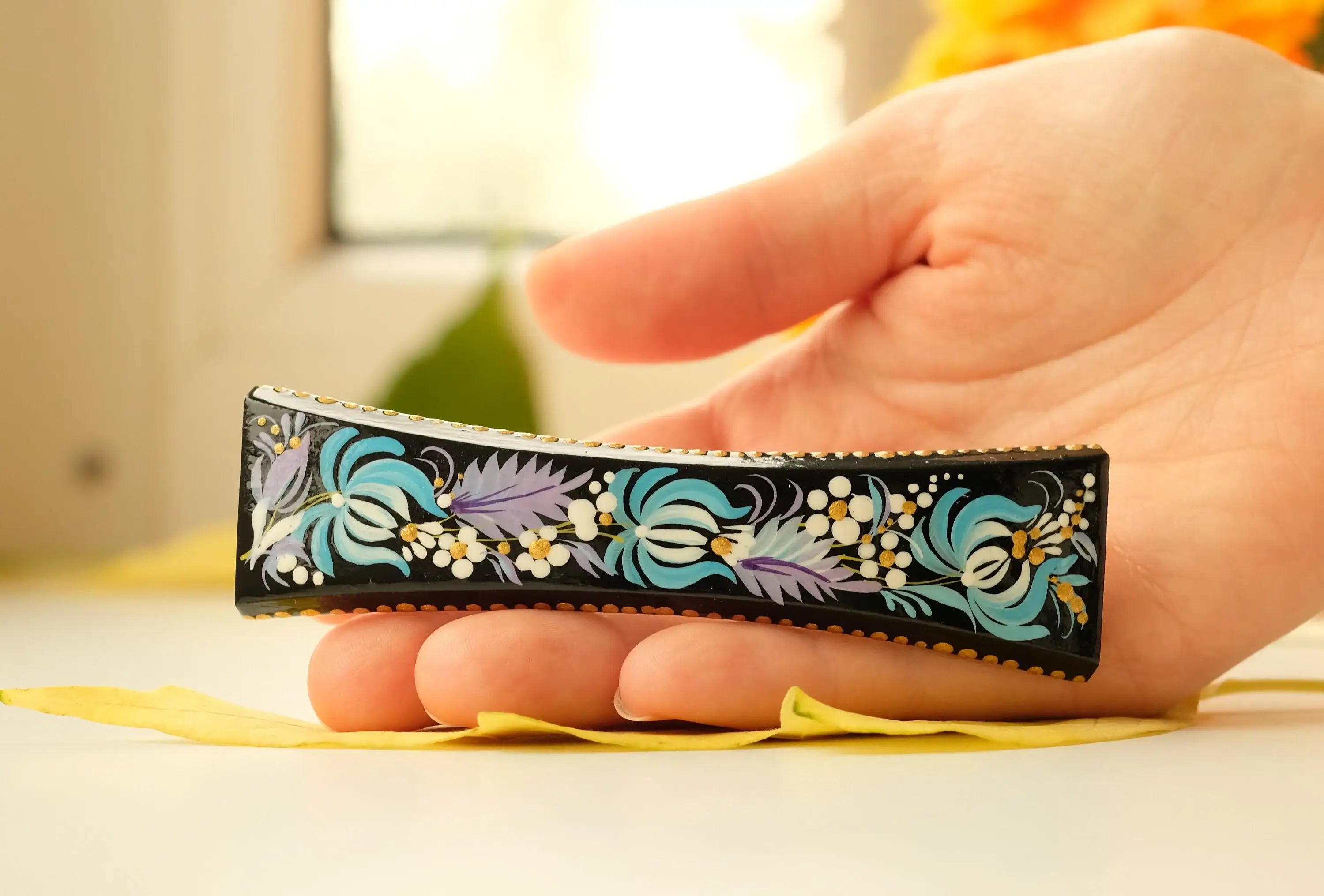 Painted Wooden Blue Flower Hair Barrette - Handmade Artisanal Petrykivka Art French Hair Clip