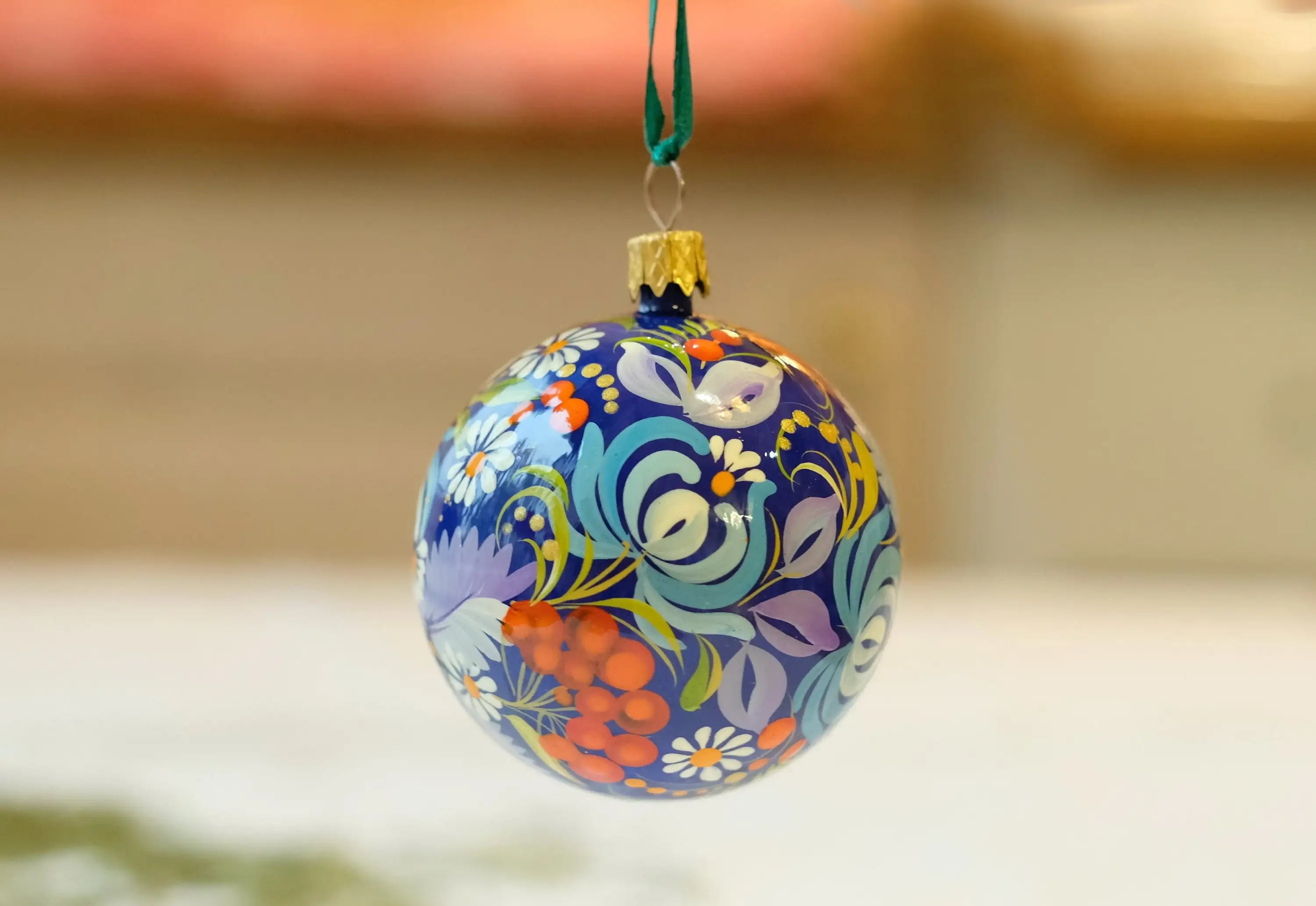 Set of 2 Painted Blue Flower Ukrainian Christmas Ball Ornaments 2.4 in, Gift-wrapped