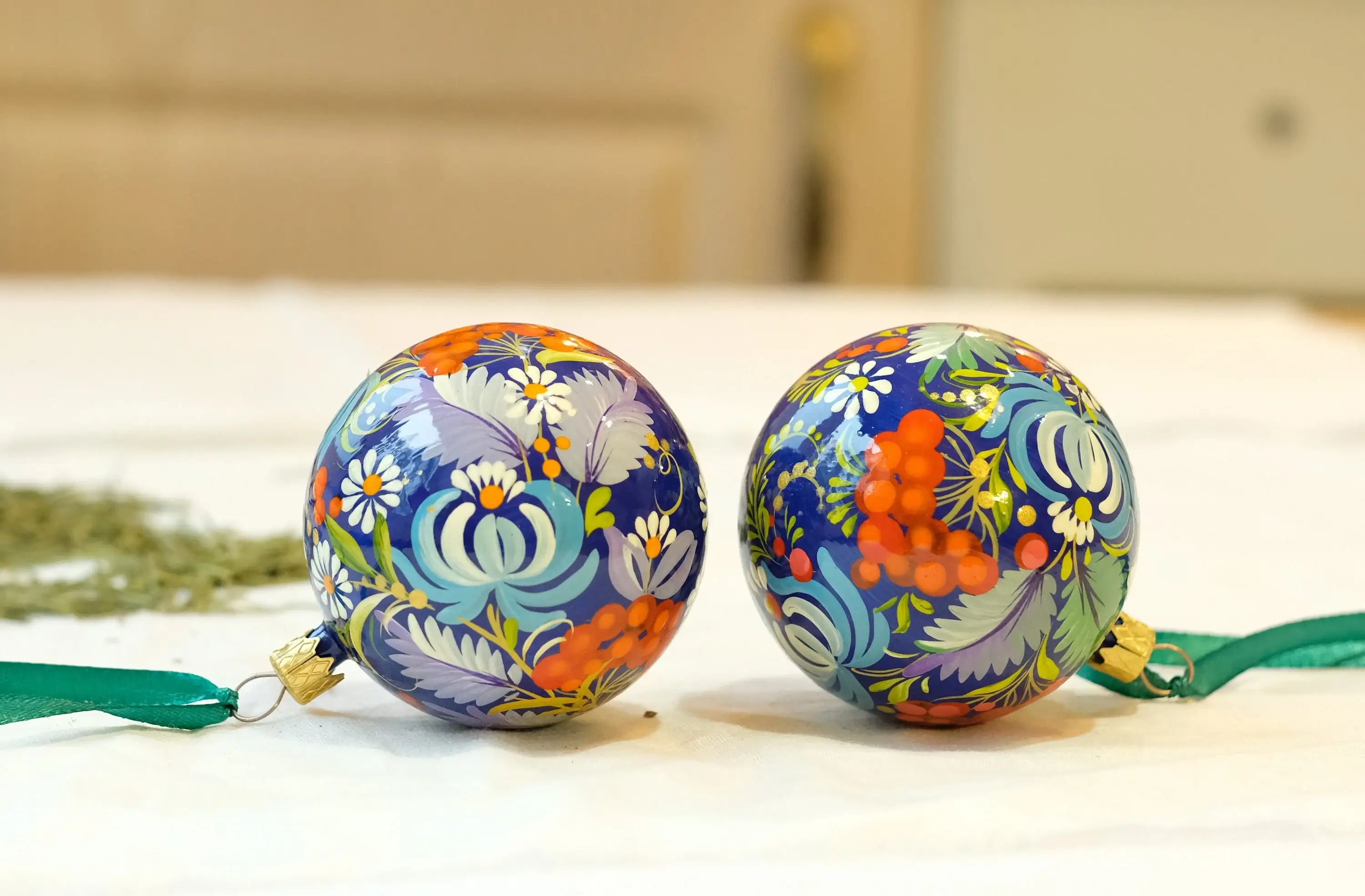 Set of 2 Painted Blue Flower Ukrainian Christmas Ball Ornaments 2.4 in, Gift-wrapped