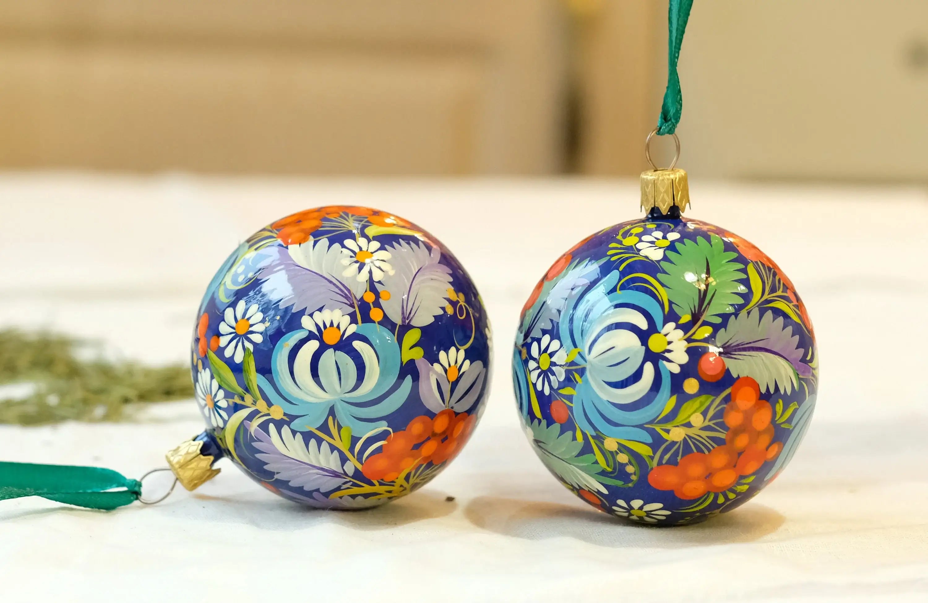 Set of 2 Painted Blue Flower Ukrainian Christmas Ball Ornaments 2.4 in, Gift-wrapped