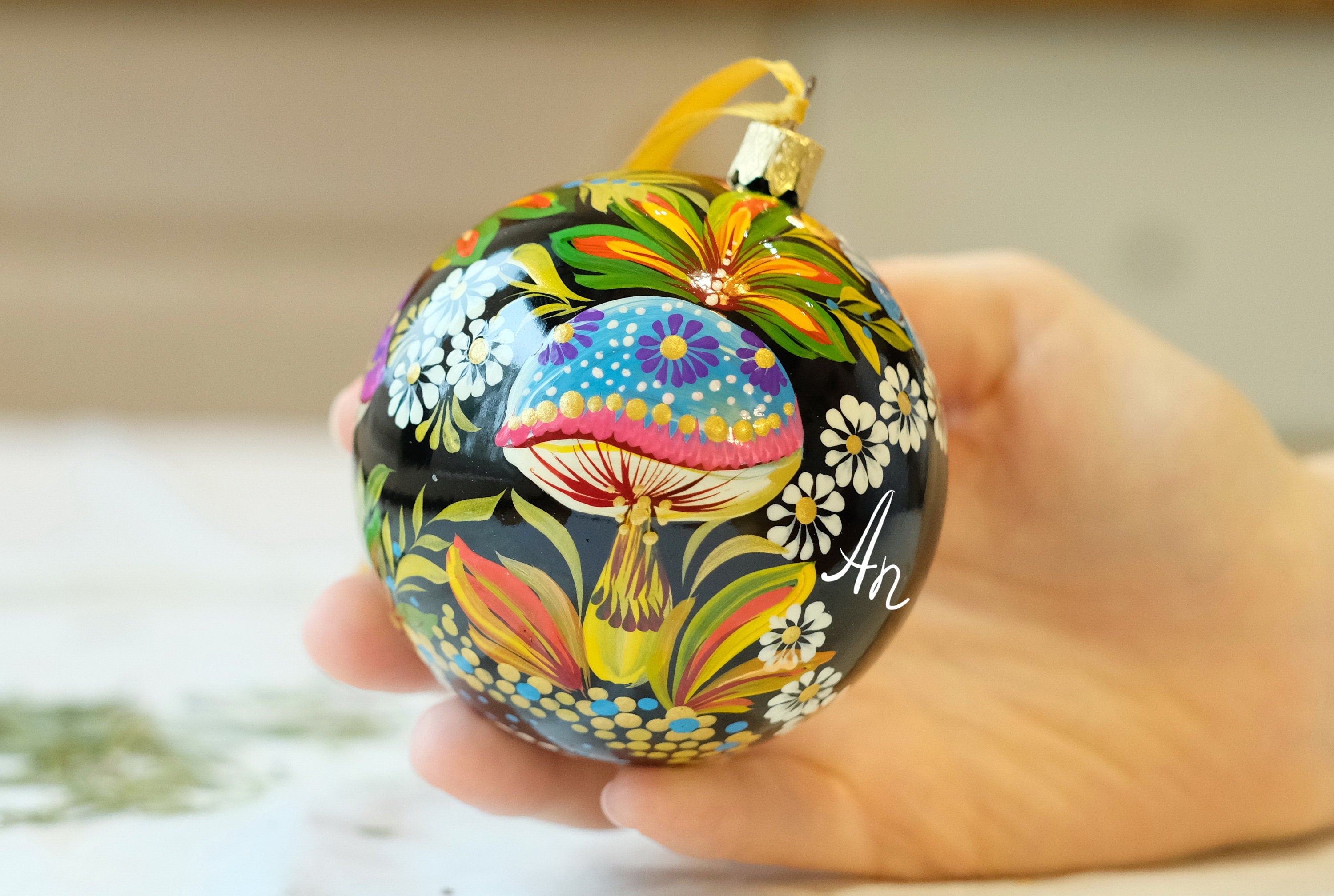 Personalized Painted Mushroom Christmas Ornament - Handmade Christmas Tree Decoration, Petrykivka Art