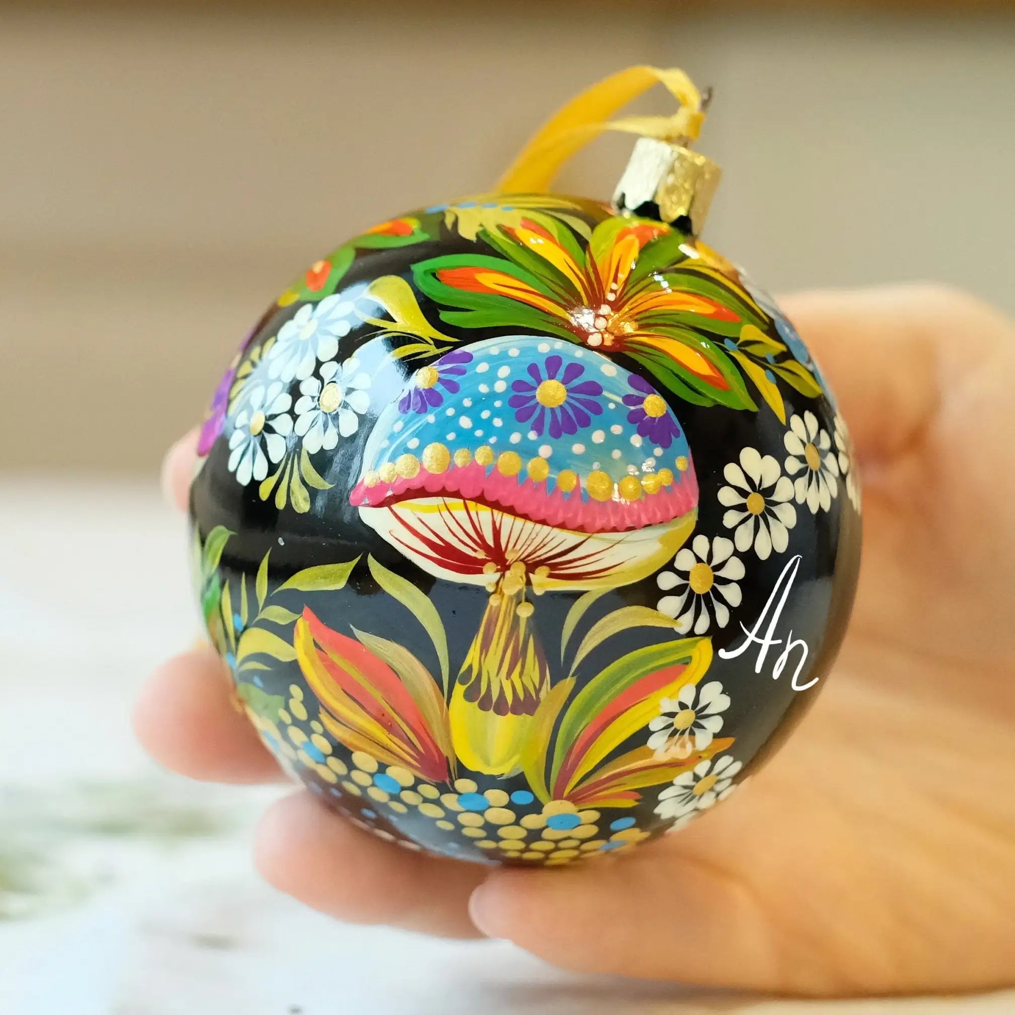Personalized Painted Mushroom Christmas Ornament - Handmade Christmas Tree Decoration, Petrykivka Art