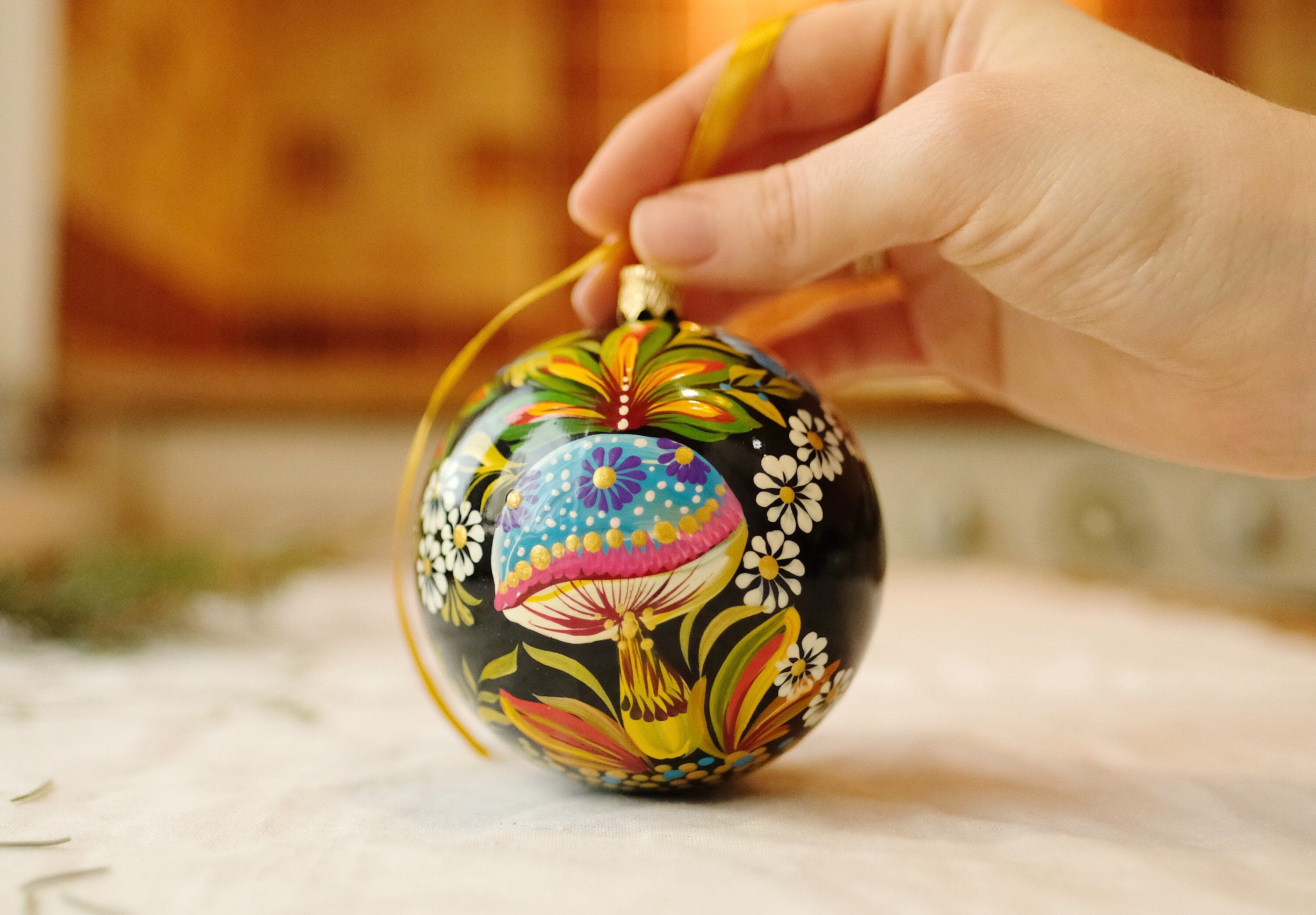 Personalized Painted Mushroom Christmas Ornament - Handmade Christmas Tree Decoration, Petrykivka Art